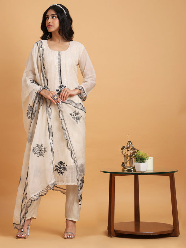 Ivory sequin kurta set with black and white scallop dupatta