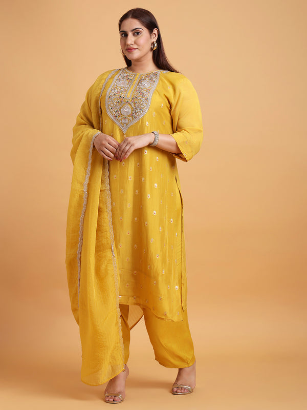 Yellow kurta set with yellow and gold stripe dupatta