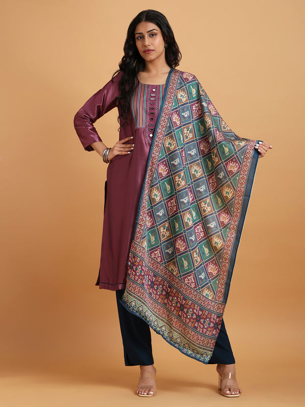 Dark mauve kurta set with navy patola print dupatta