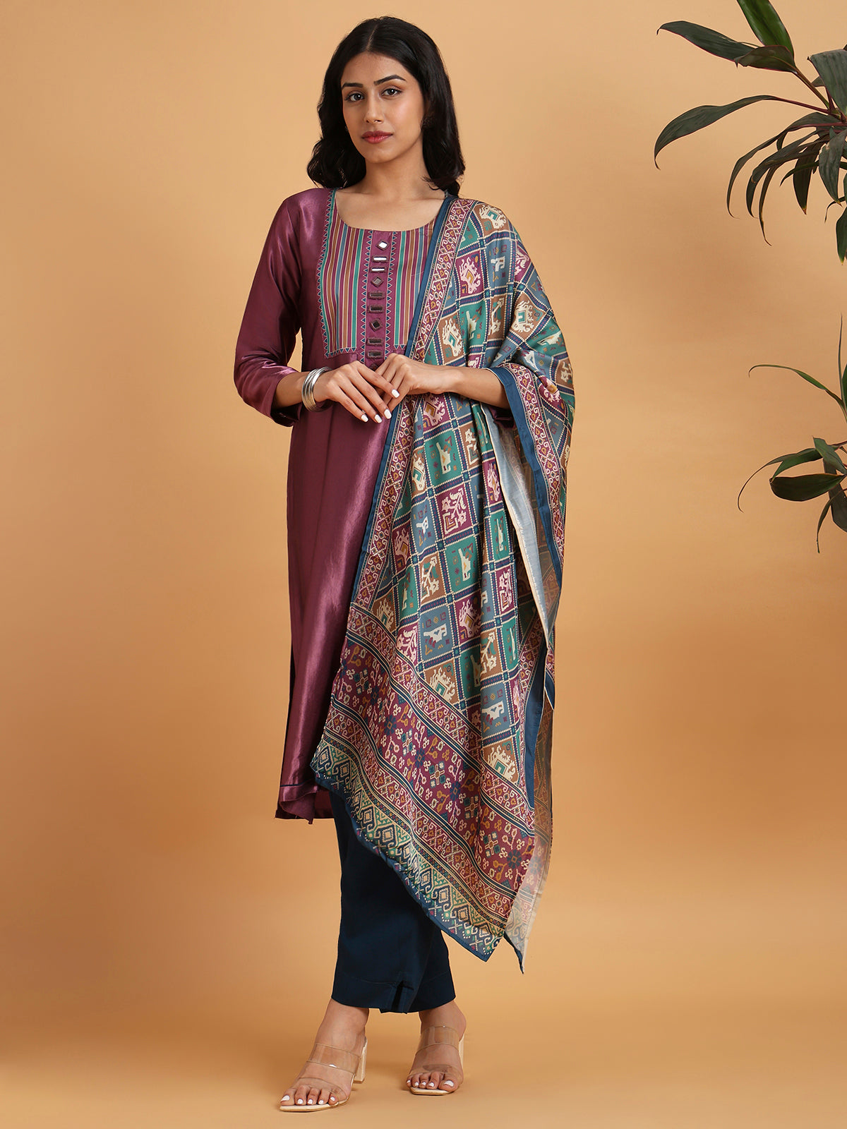 Dark mauve kurta set with navy patola print dupatta