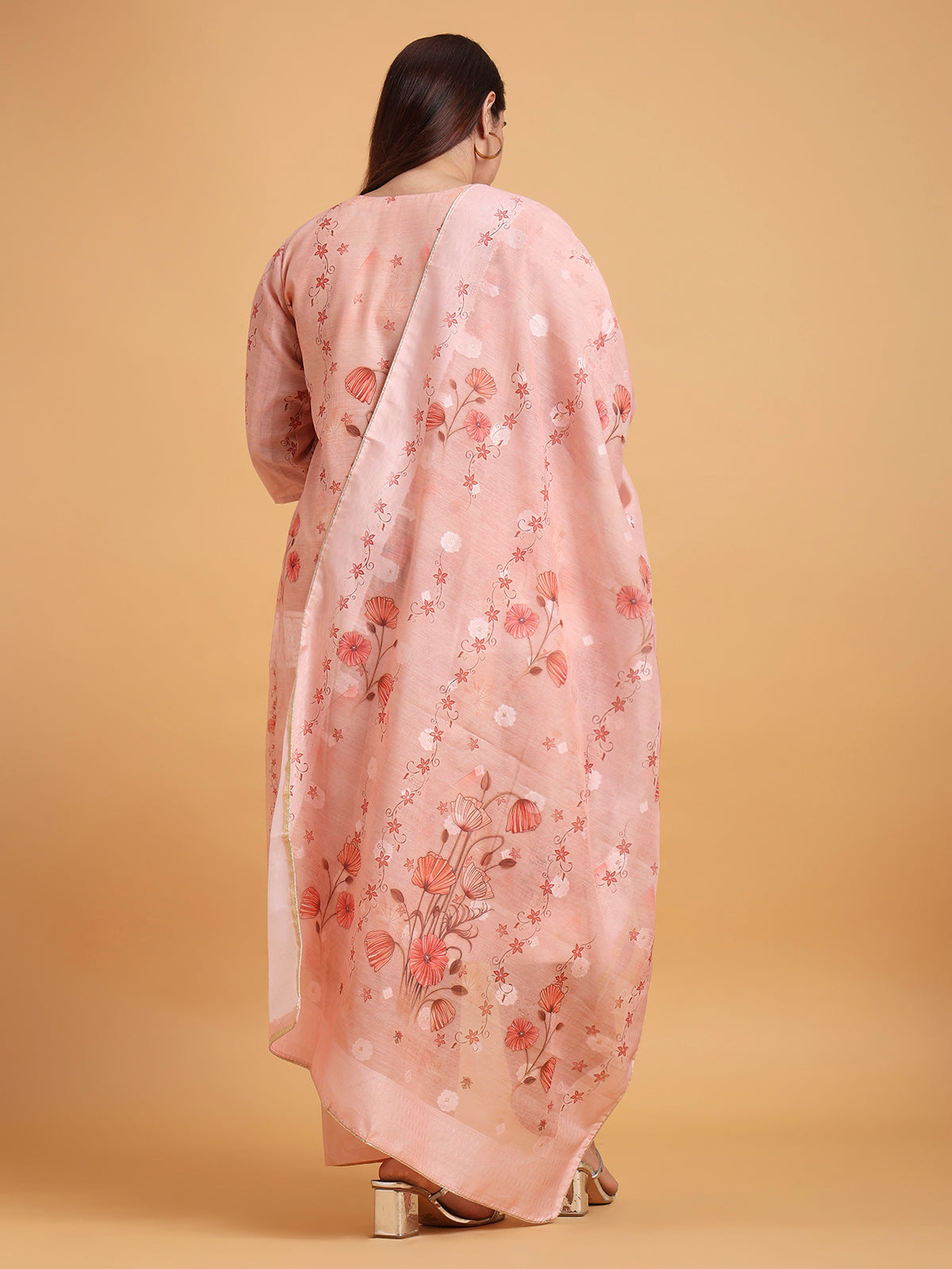 Light peach floral kurta set with floral dupatta