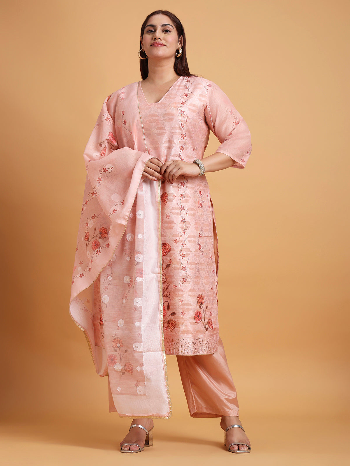 Light peach floral kurta set with floral dupatta