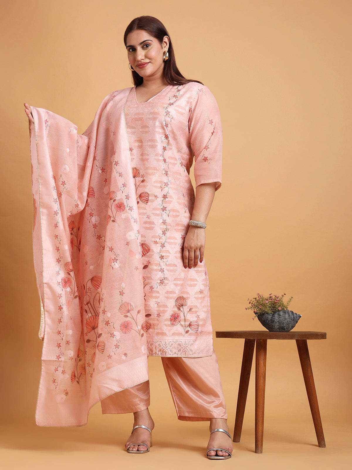 Light peach floral kurta set with floral dupatta