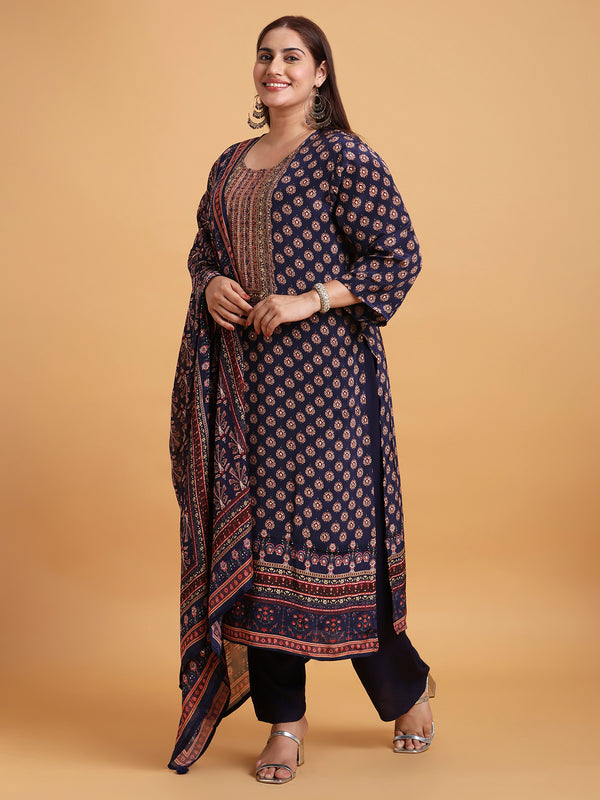 Deep blue pure crepe kurta set with floral printed dupatta