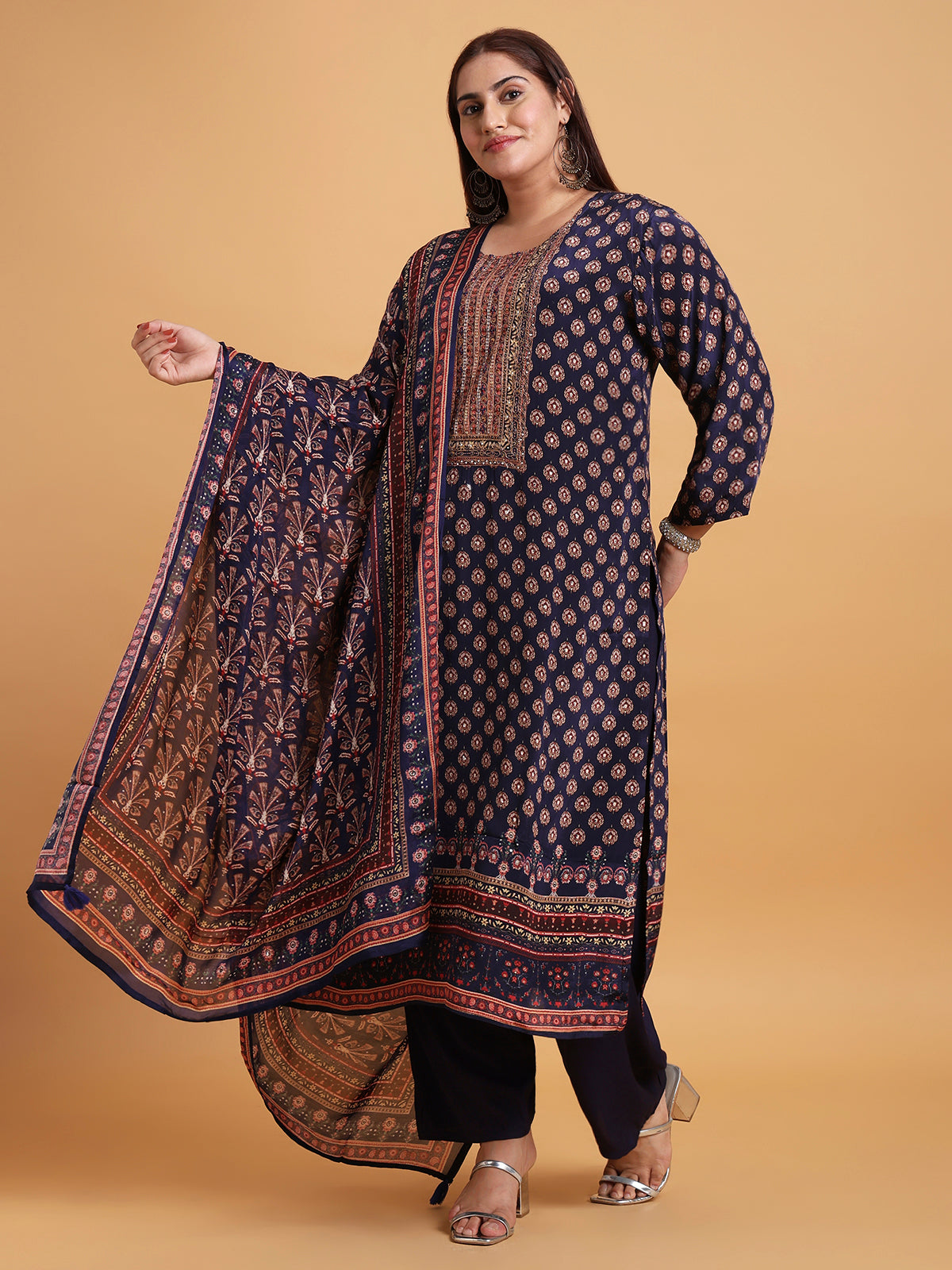 Deep blue pure crepe kurta set with floral printed dupatta