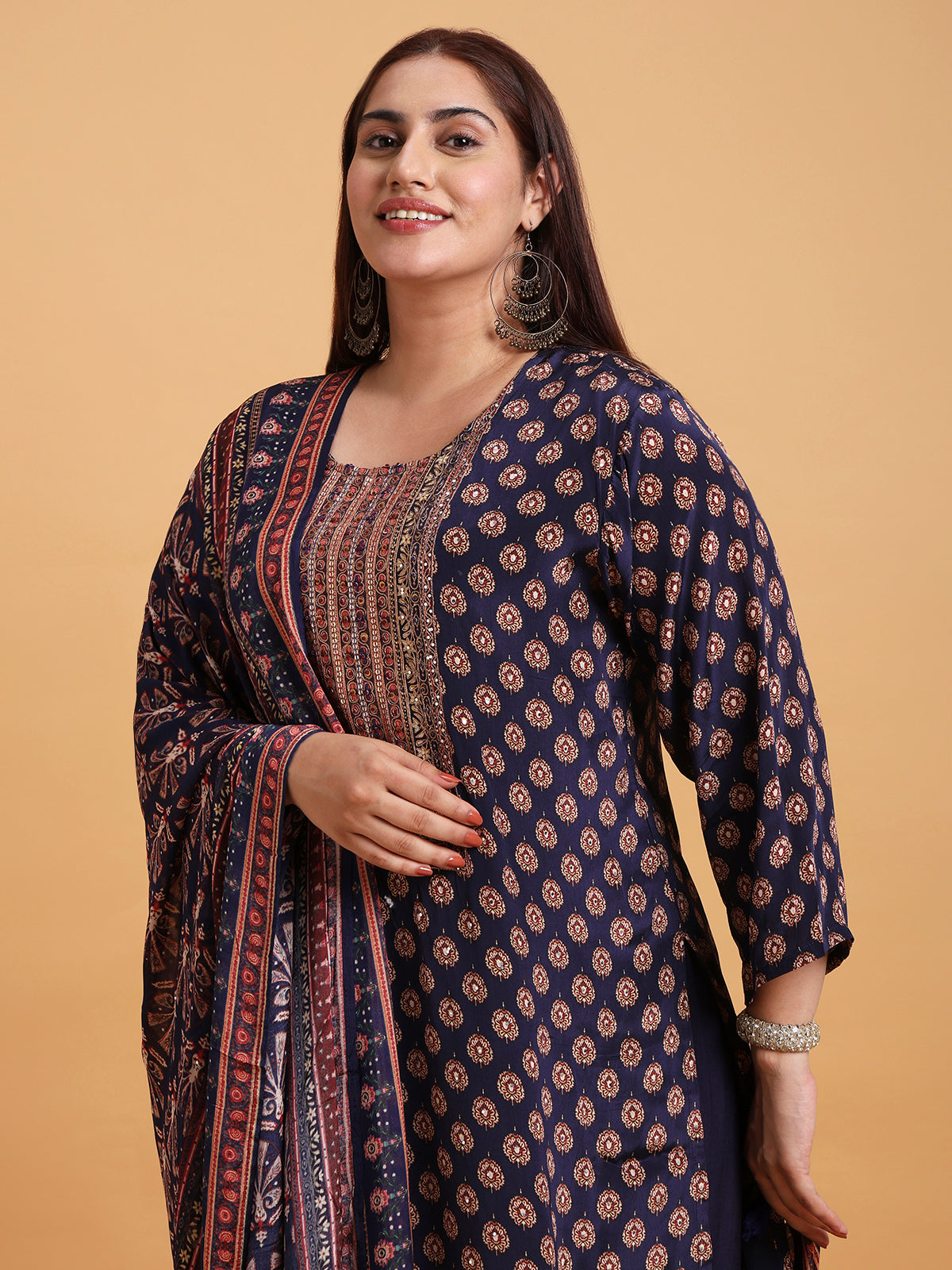 Deep blue pure crepe kurta set with floral printed dupatta