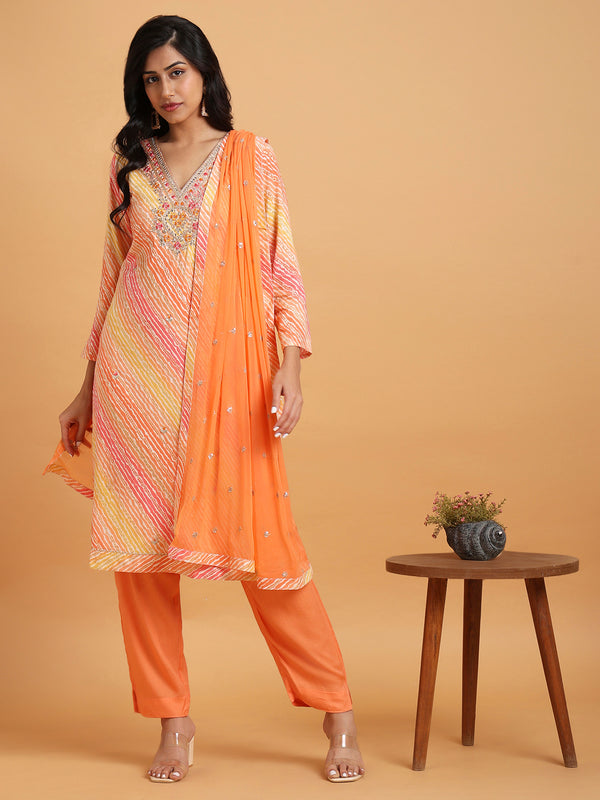 Orange and pink leheriya printed kurta set