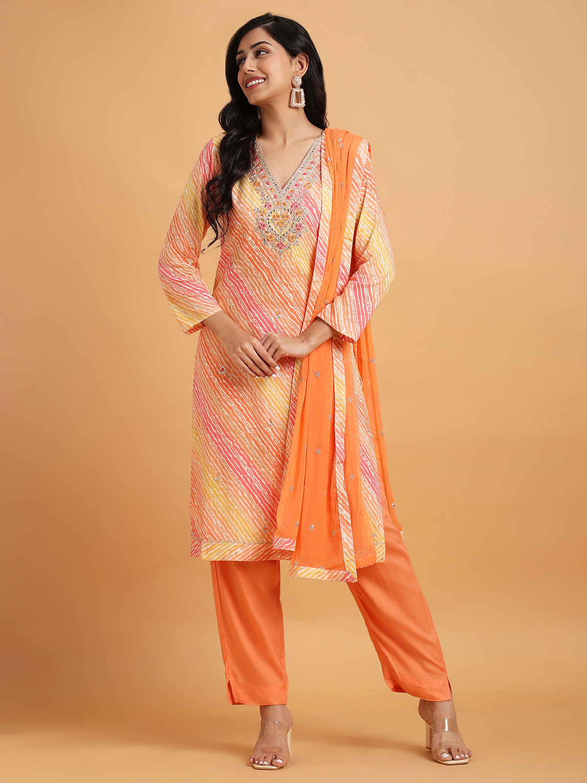 Orange and pink leheriya printed kurta set