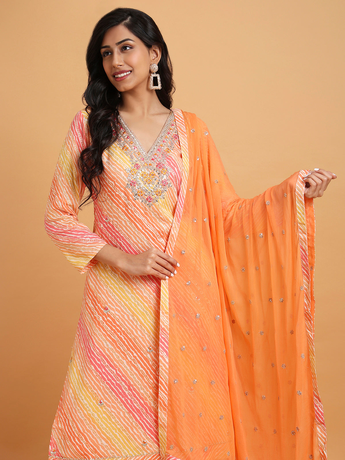 Orange and pink leheriya printed kurta set