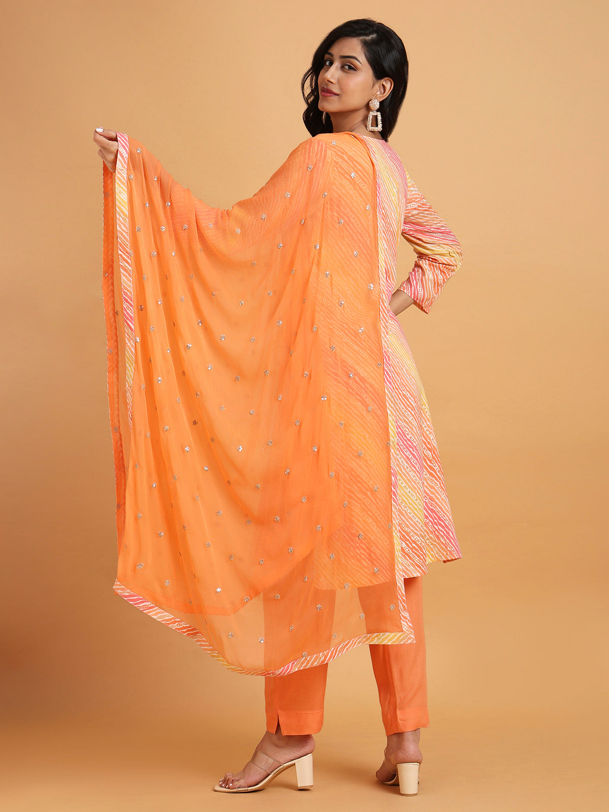 Orange and pink leheriya printed kurta set