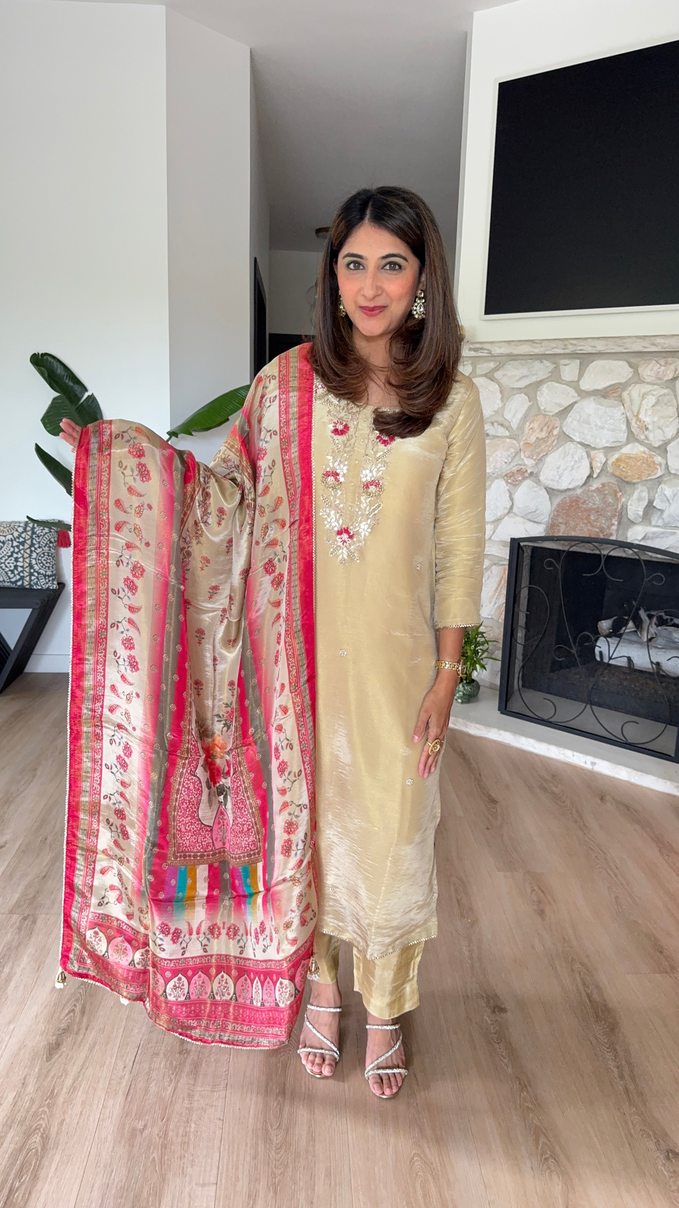 Beige shimmer silk kurta set with pink printed crepe dupatta