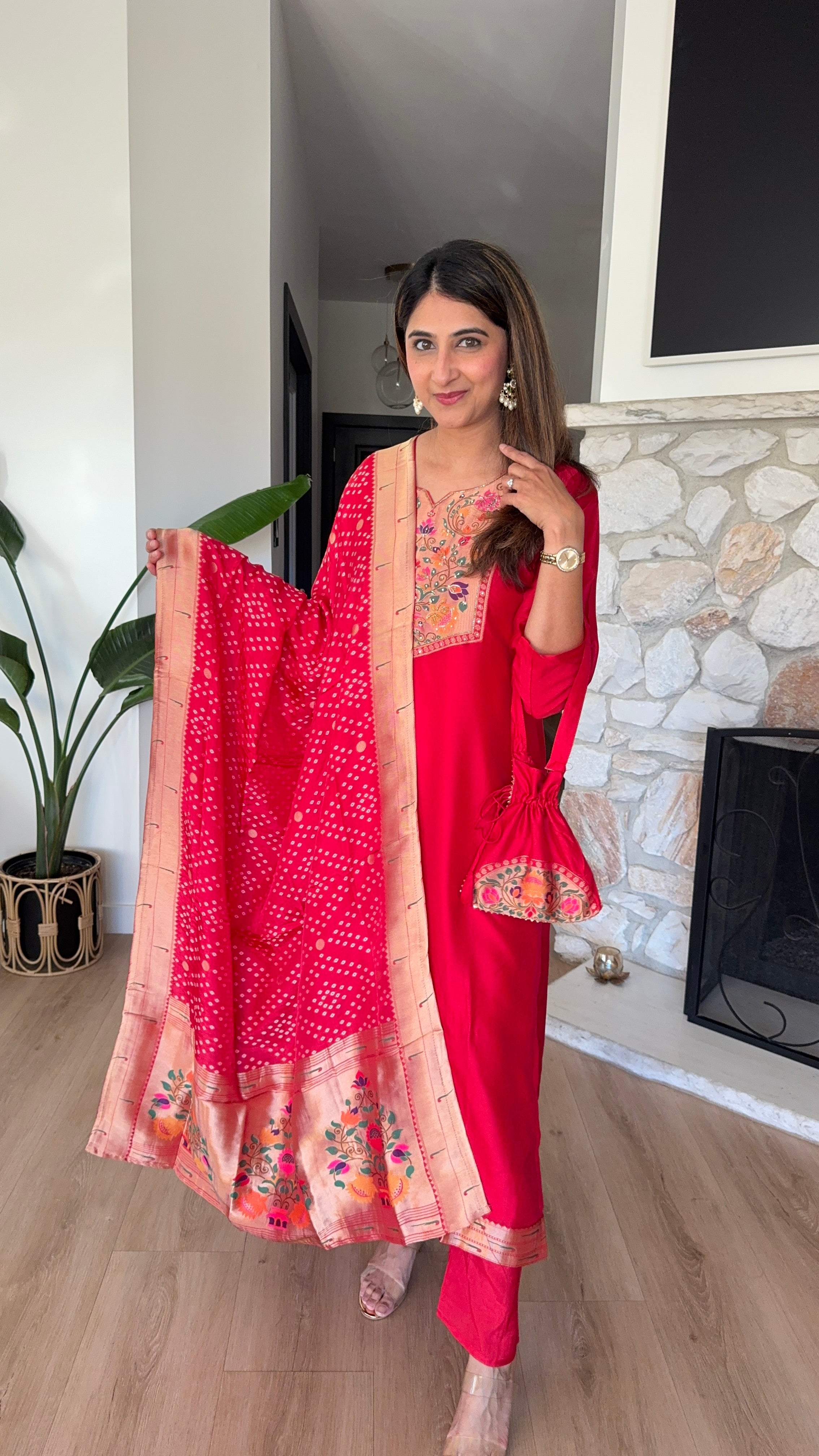 Red paithani silk kurta set with matching dupatta and potli bag