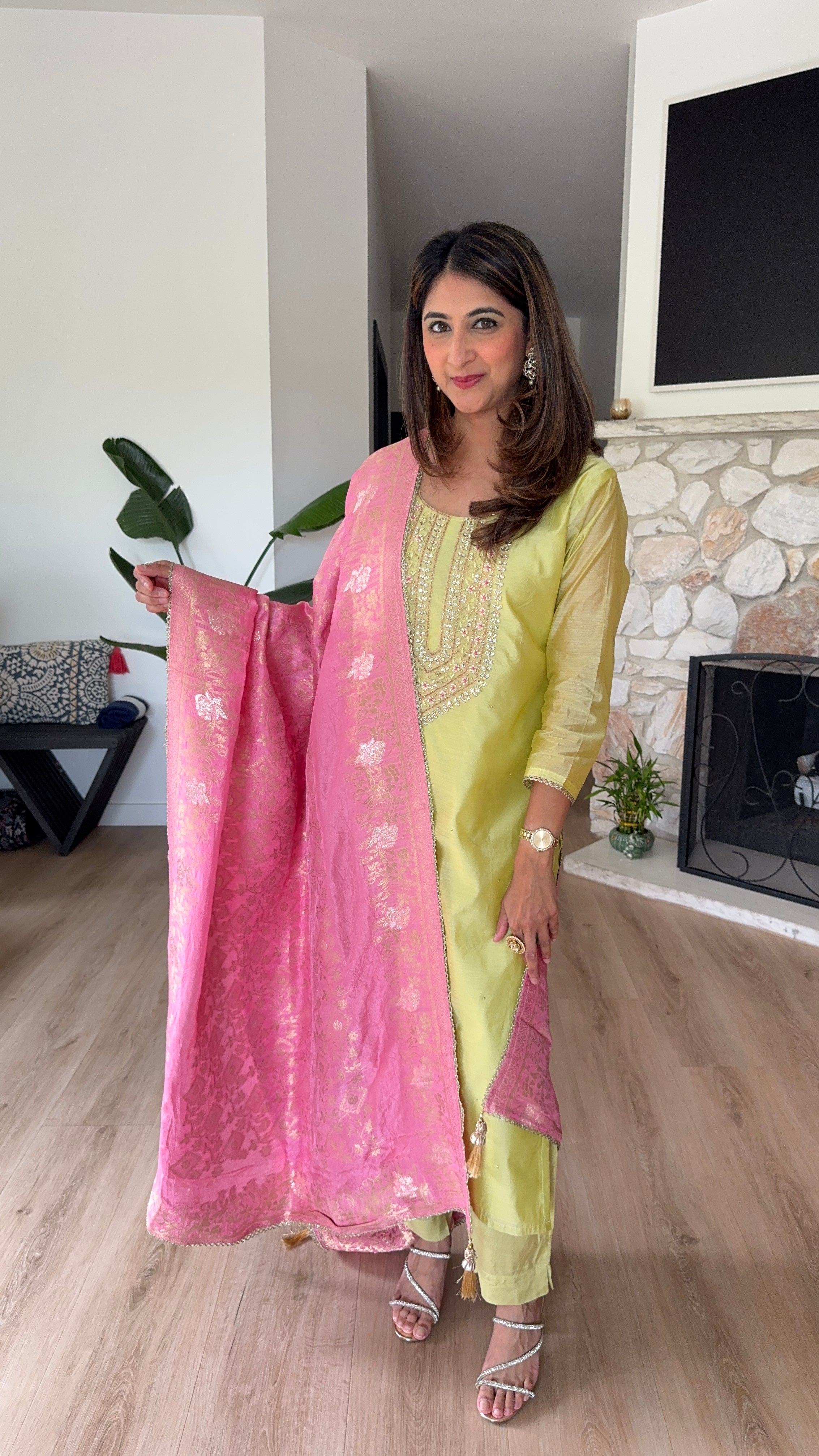 Lemon yellow chanderi silk kurta set with soft pink brocade dupatta