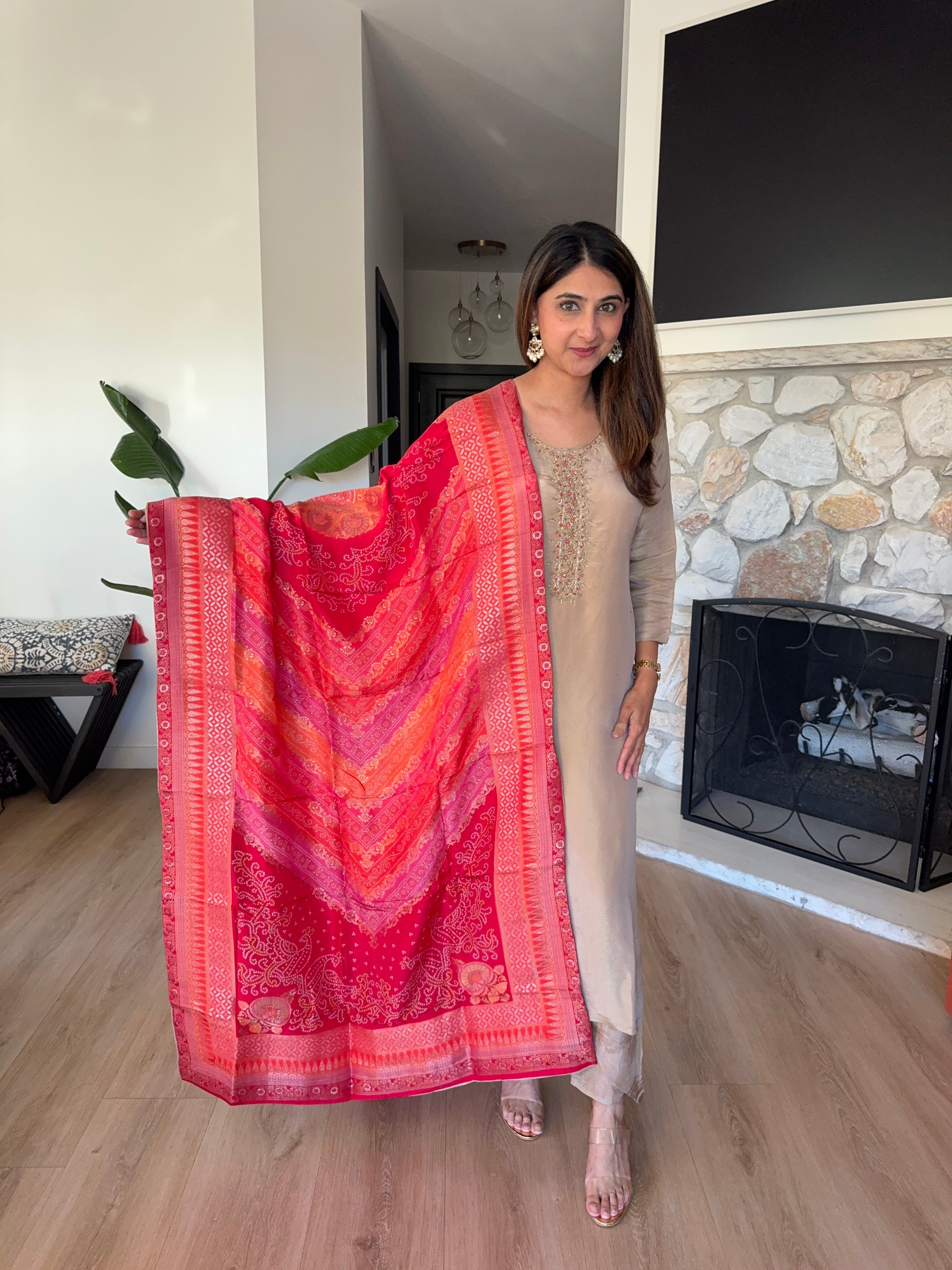 Dark beige shimmer tissue kurta set with dark pink brocade dupatta