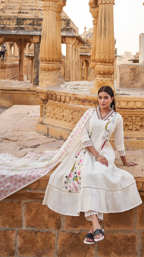 Off white cotton eyelet v-neck anarkali set with floral printed dupatta