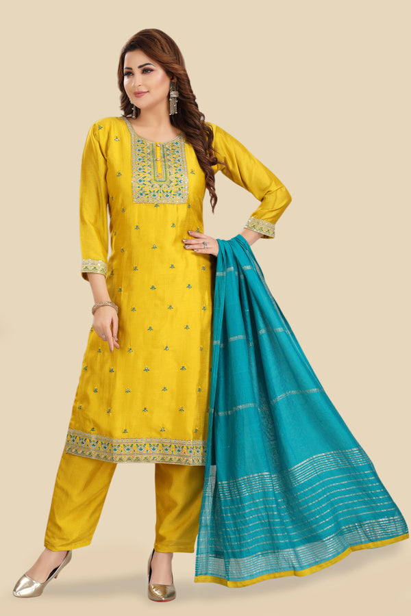 Yellow kurta set with blue dupatta