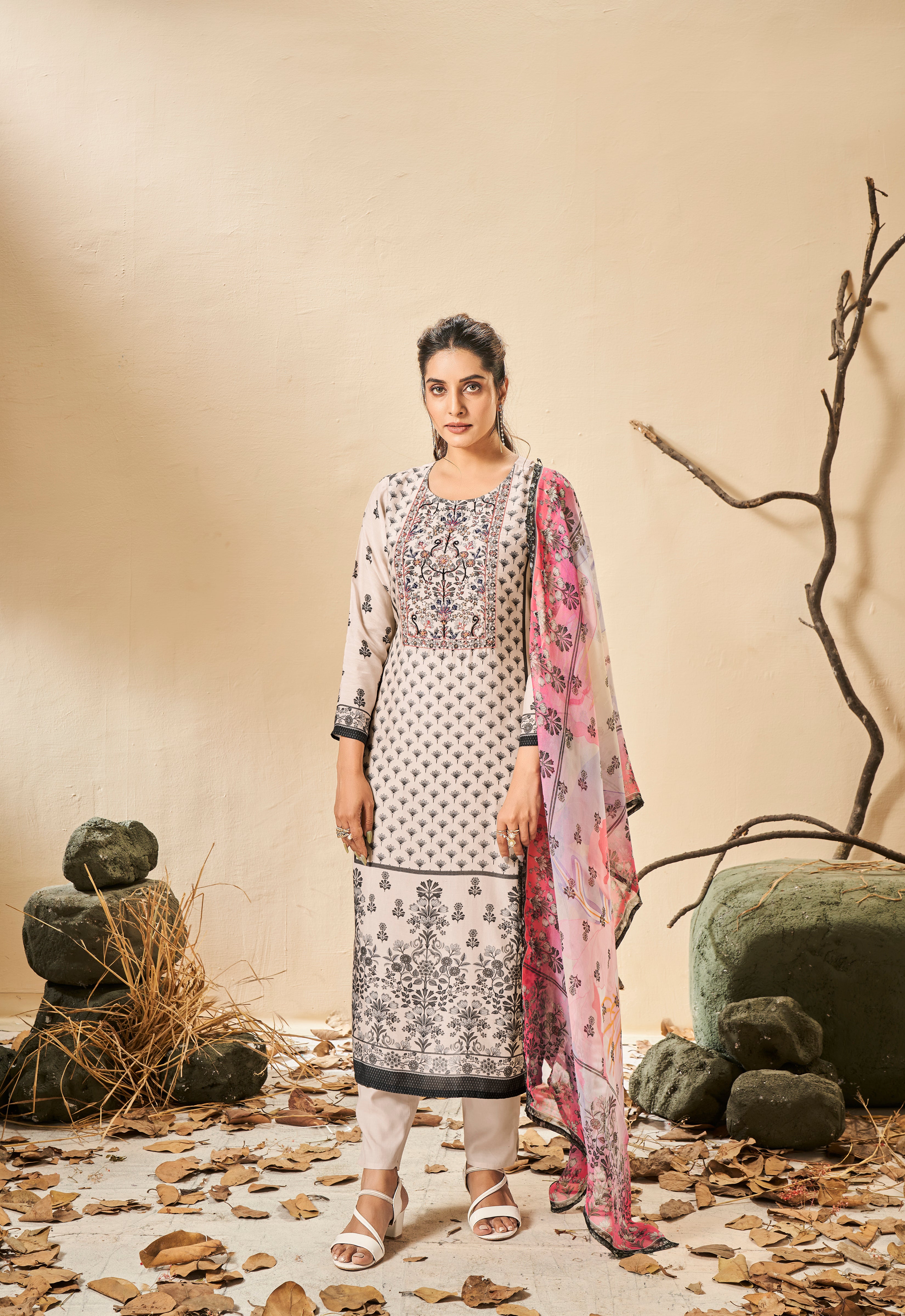 White kurta set with pink printed dupatta