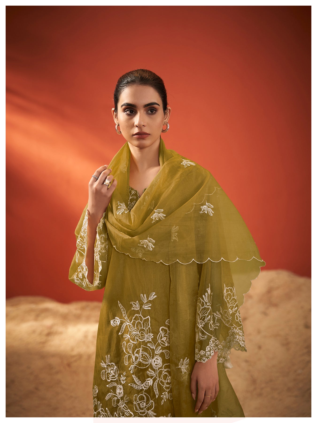 Olive green layered kurta set with scallop dupatta