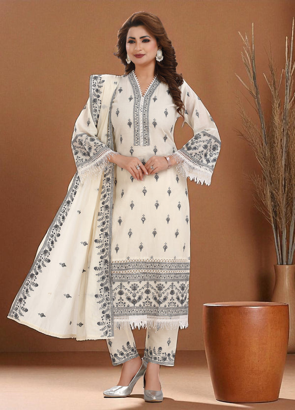 Off white cotton jacquard v-neck kurta set with gray threadwork and cotton dupatta