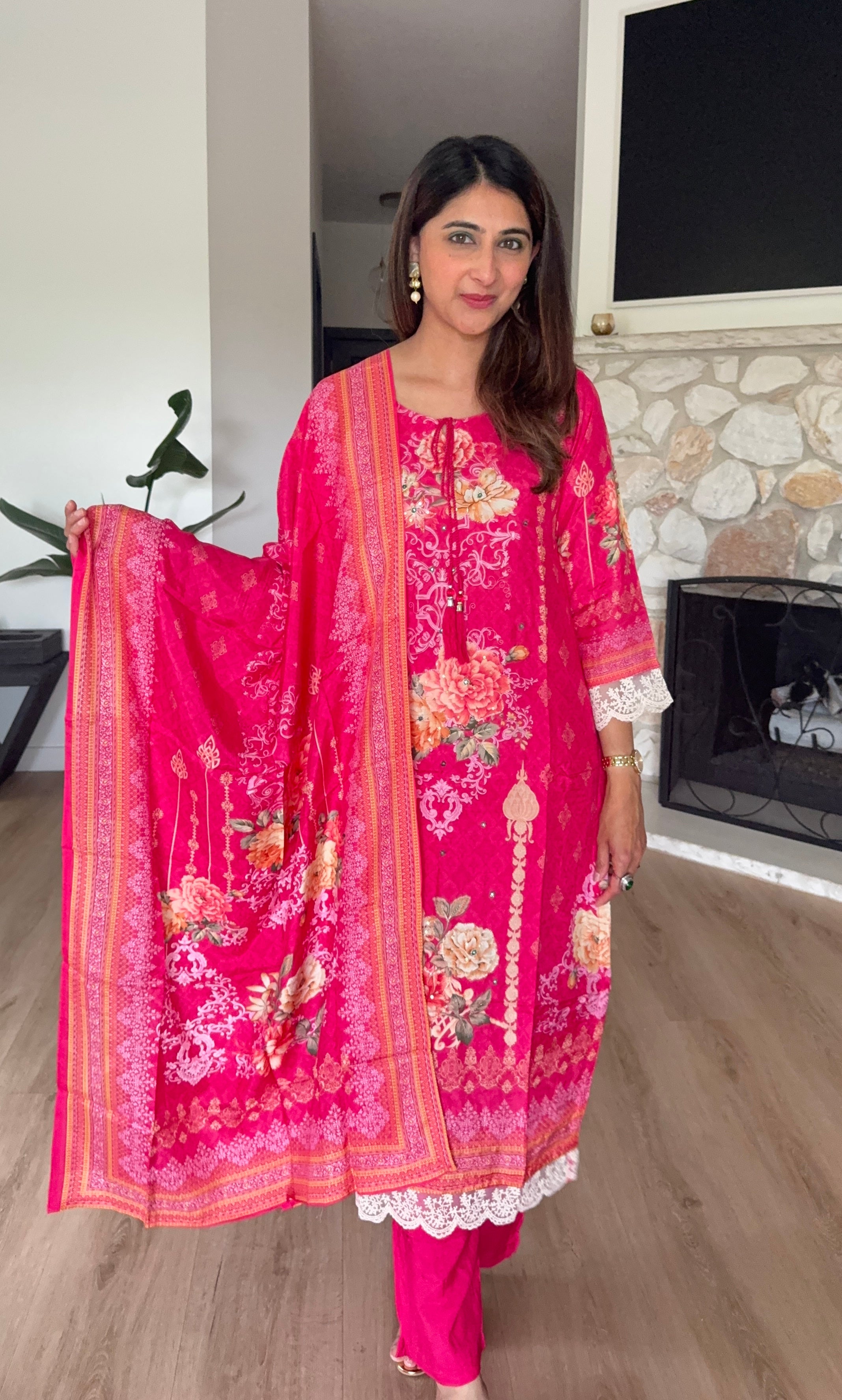 Deep red floral printed muslin kurta set with lace detailing