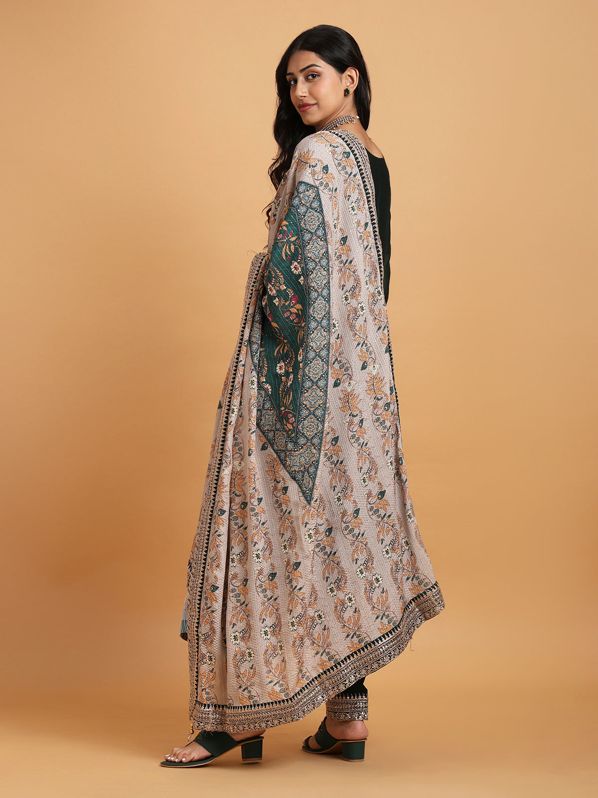 Dark green anarkali kurta set with cream printed dupatta