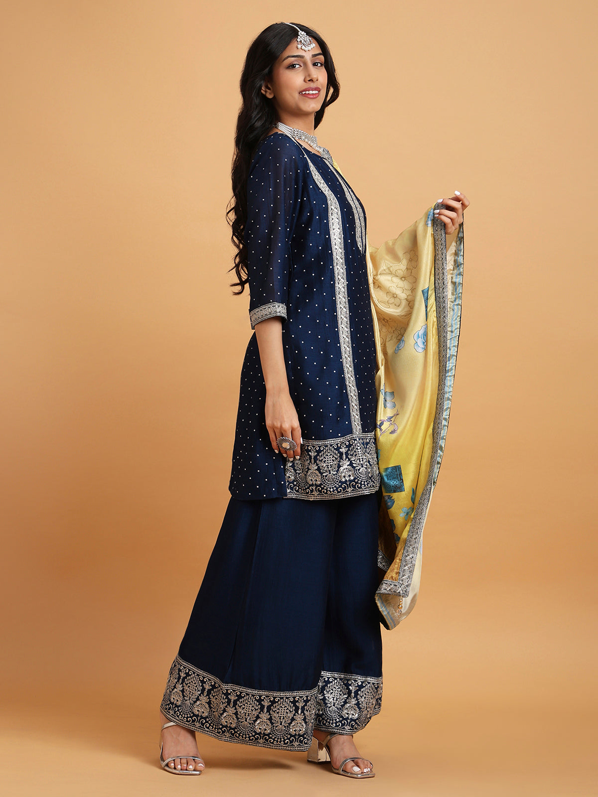 Midnight blue kurta set with palazzo pants and yellow dupatta