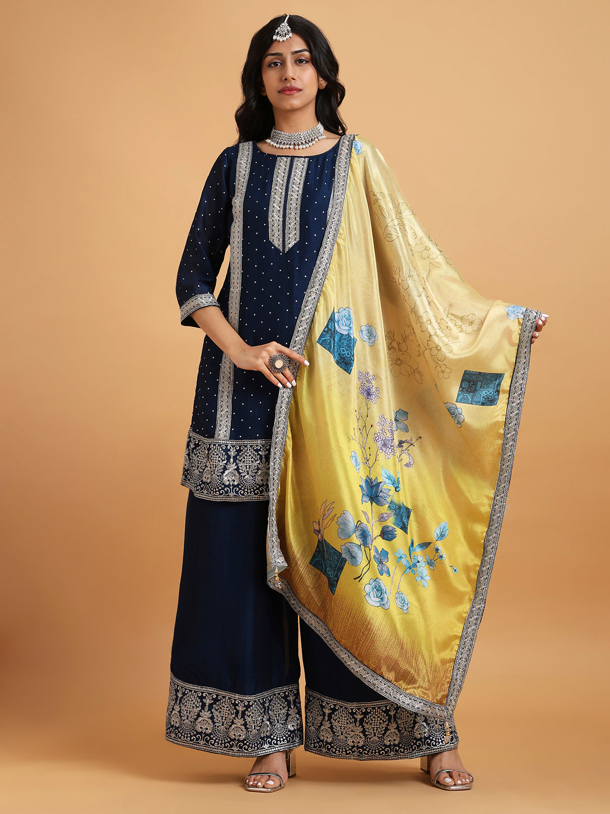 Midnight blue kurta set with palazzo pants and yellow dupatta