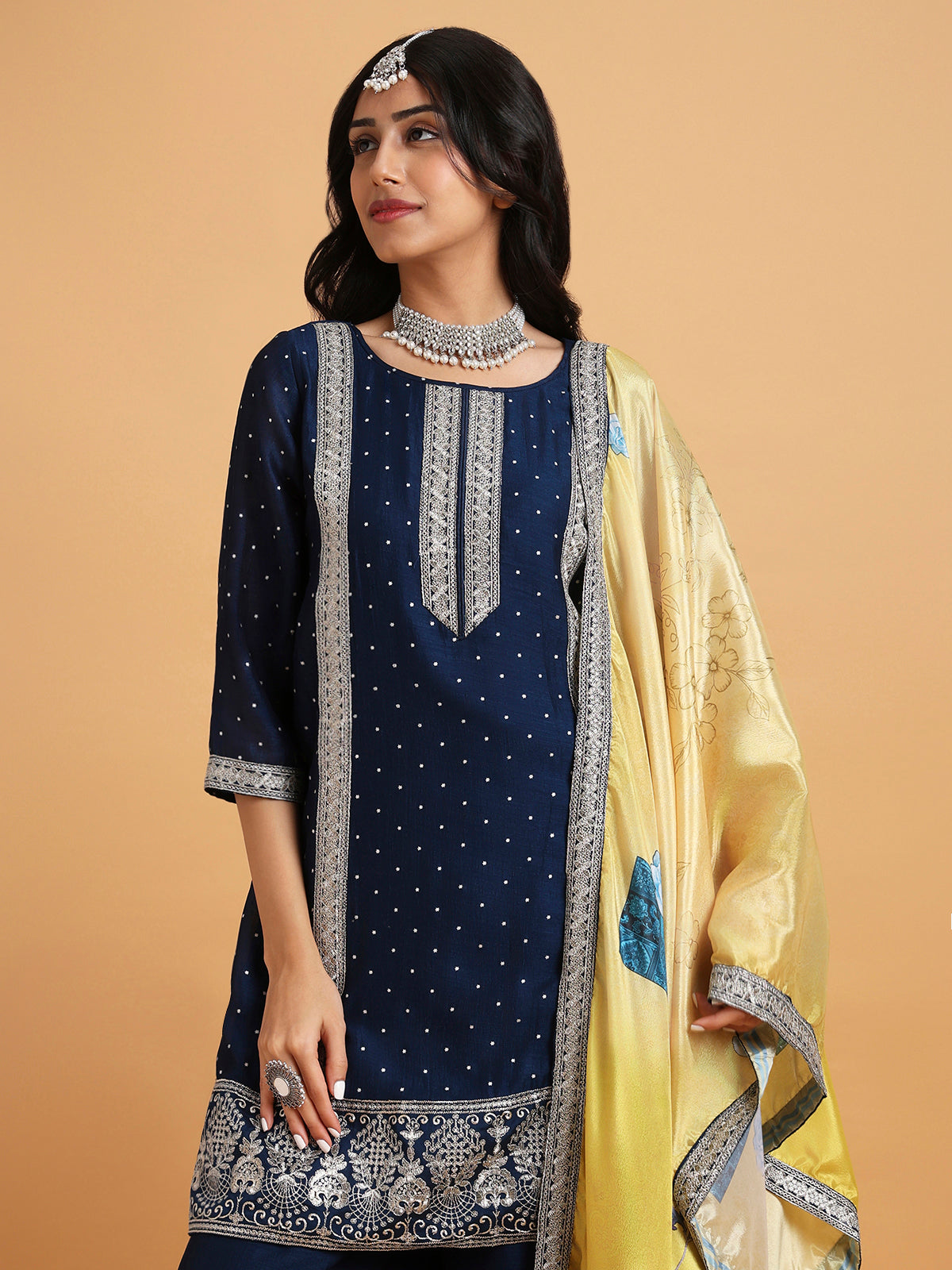 Midnight blue kurta set with palazzo pants and yellow dupatta