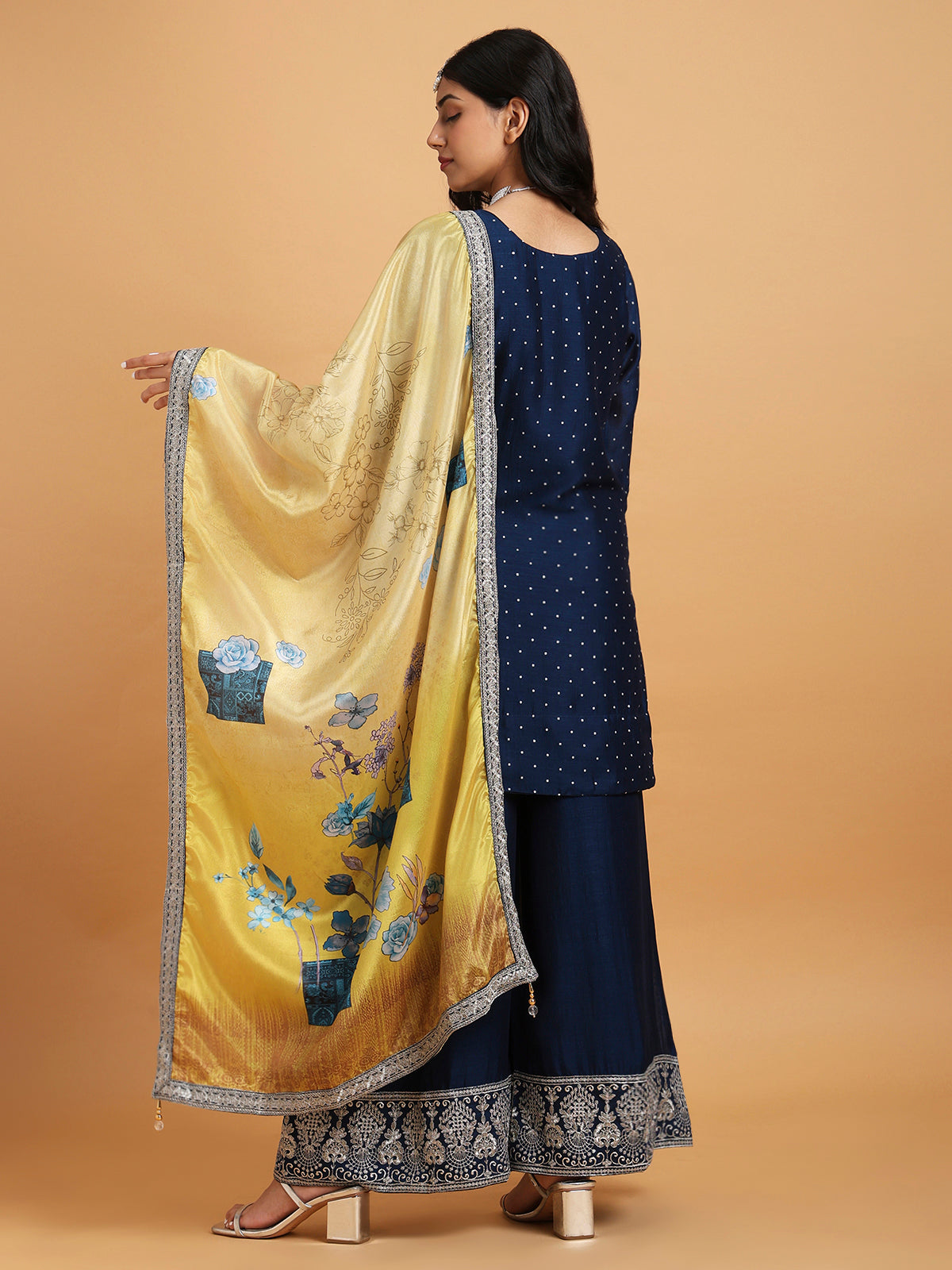 Midnight blue kurta set with palazzo pants and yellow dupatta