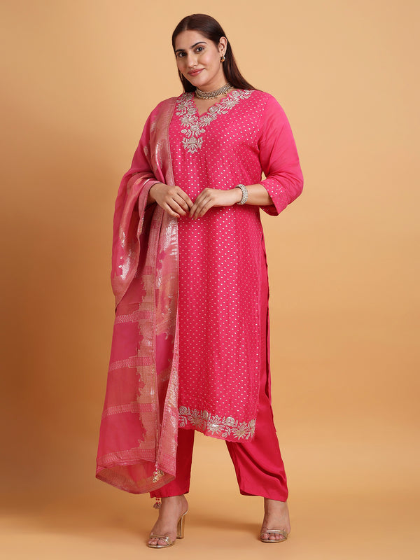 Pink woven kurta set with cutwork neckline