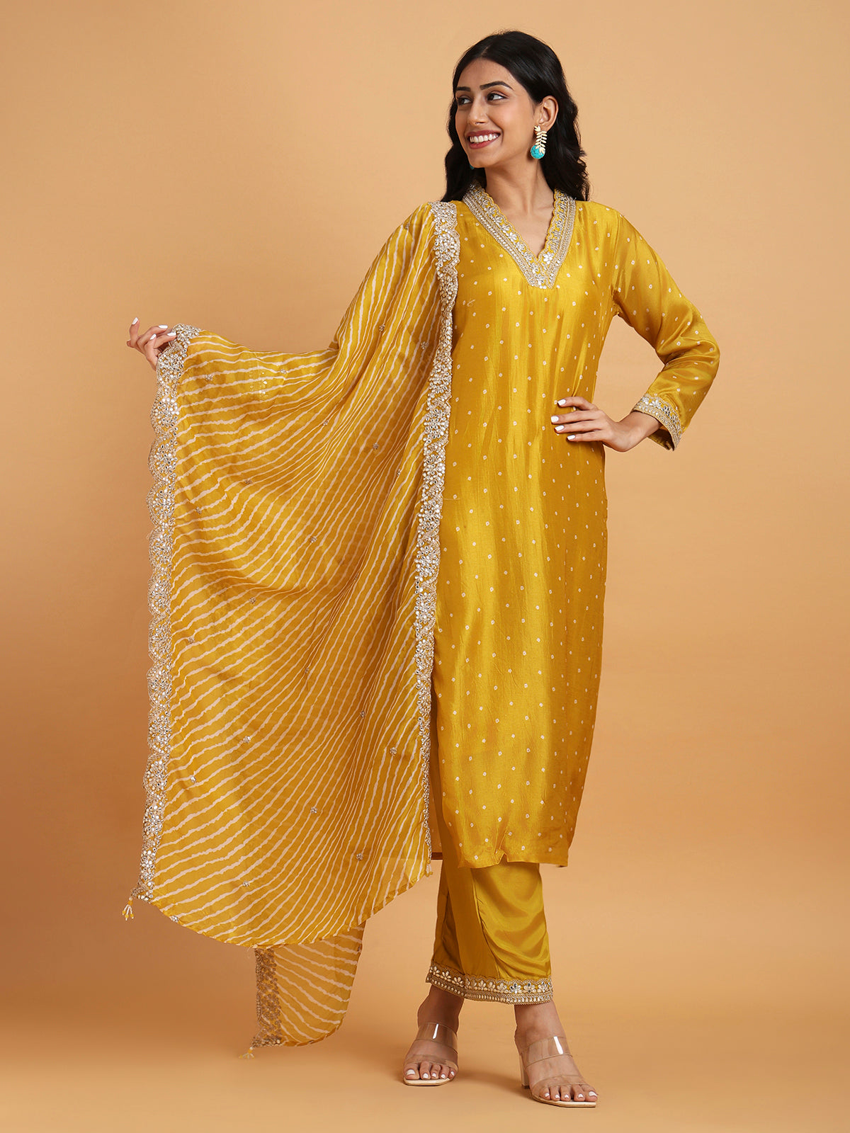 Mustard yellow collared v-neck kurta set with leheriya dupatta