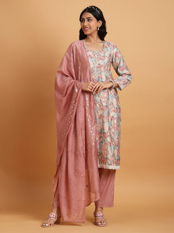 Pink with blue floral printed kurta set