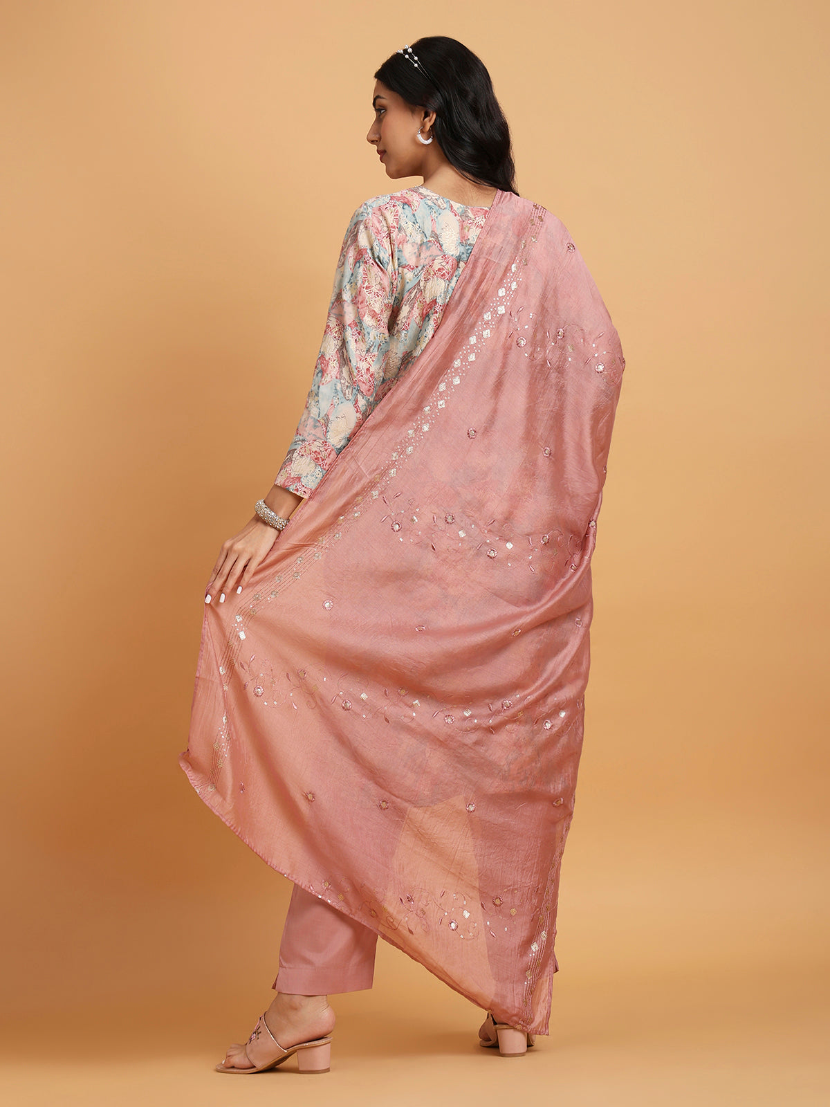 Pink with blue floral printed kurta set