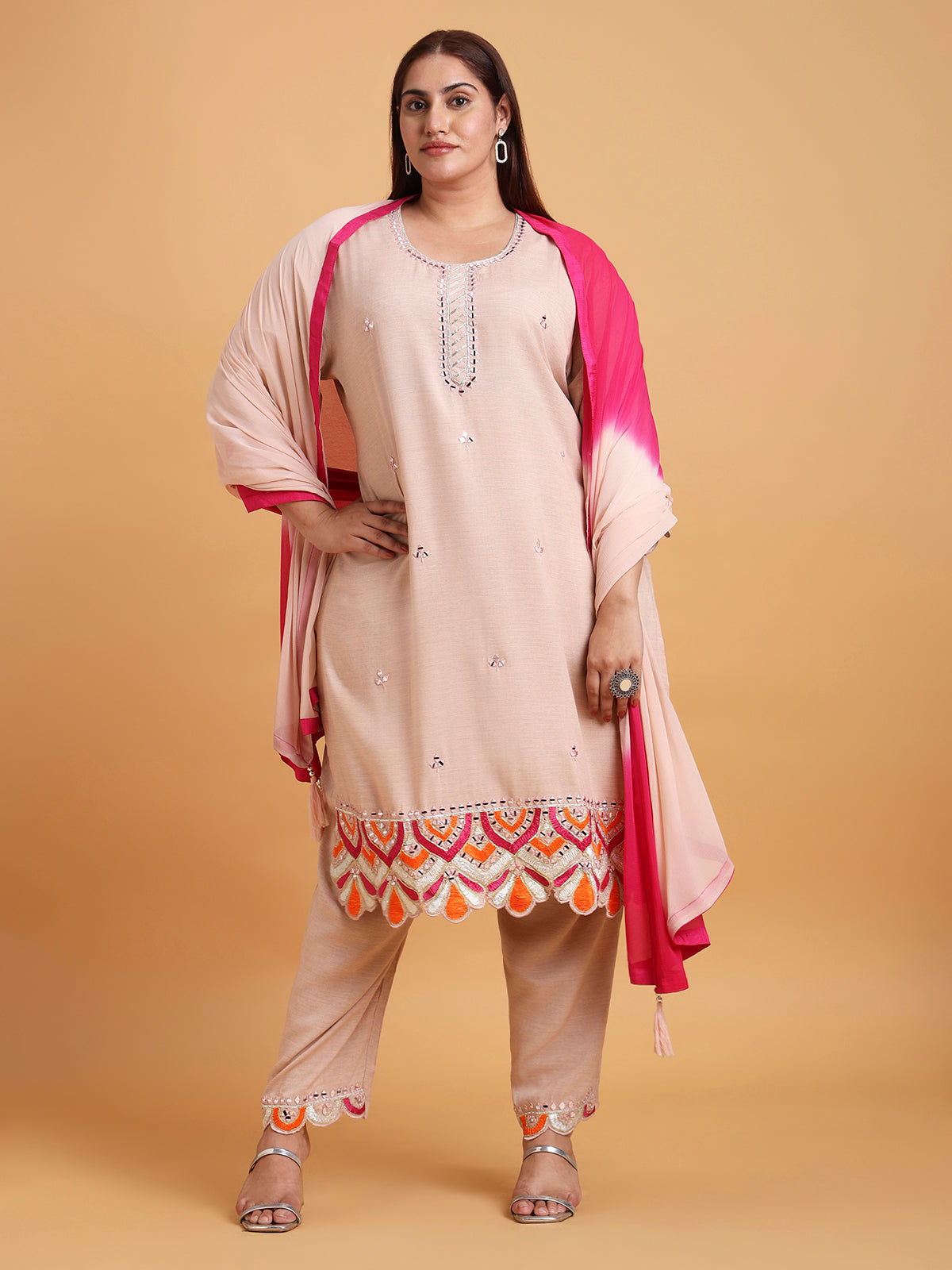 Light pink cutwork kurta set with two tone dupatta