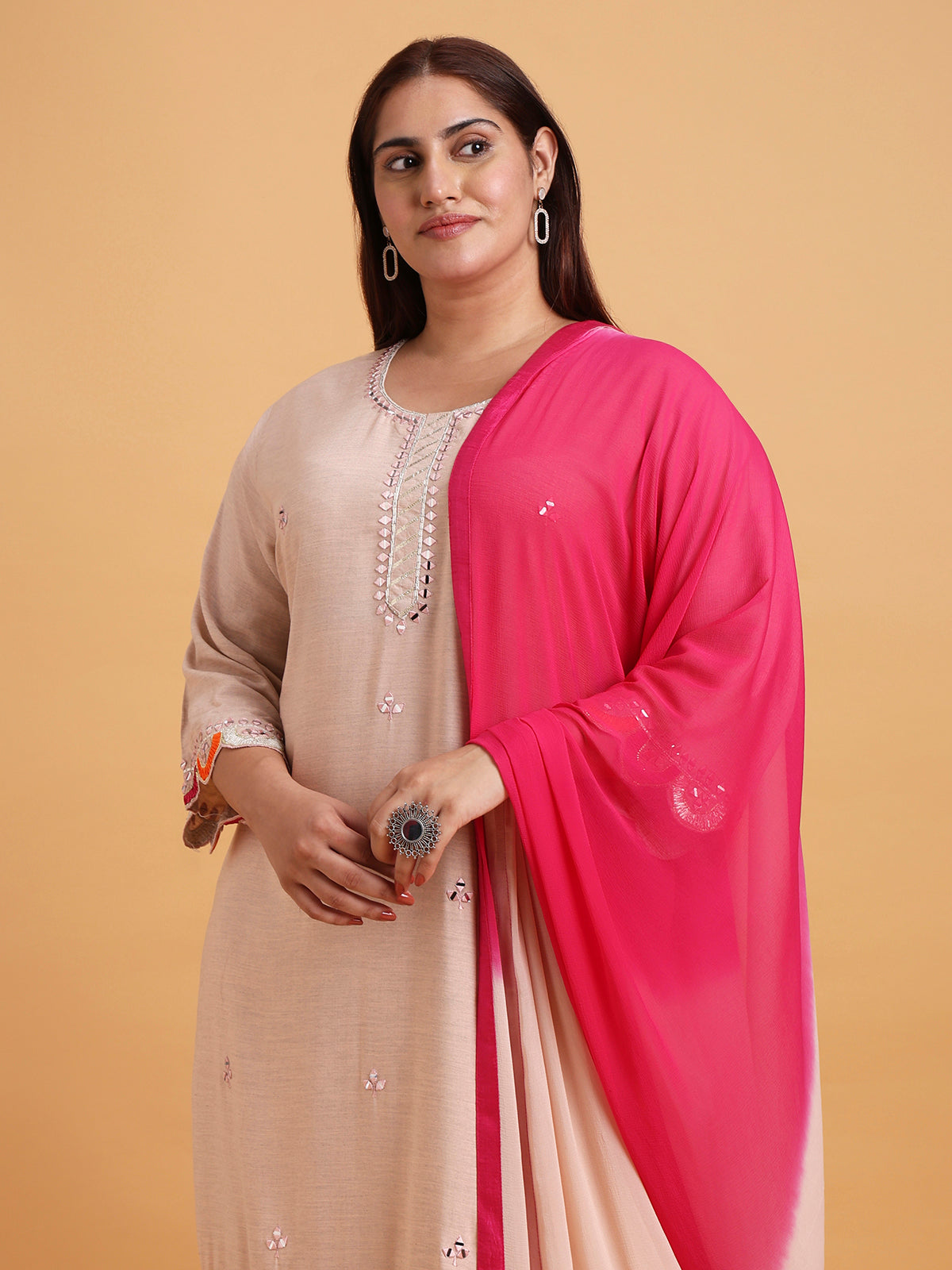 Light pink cutwork kurta set with two tone dupatta