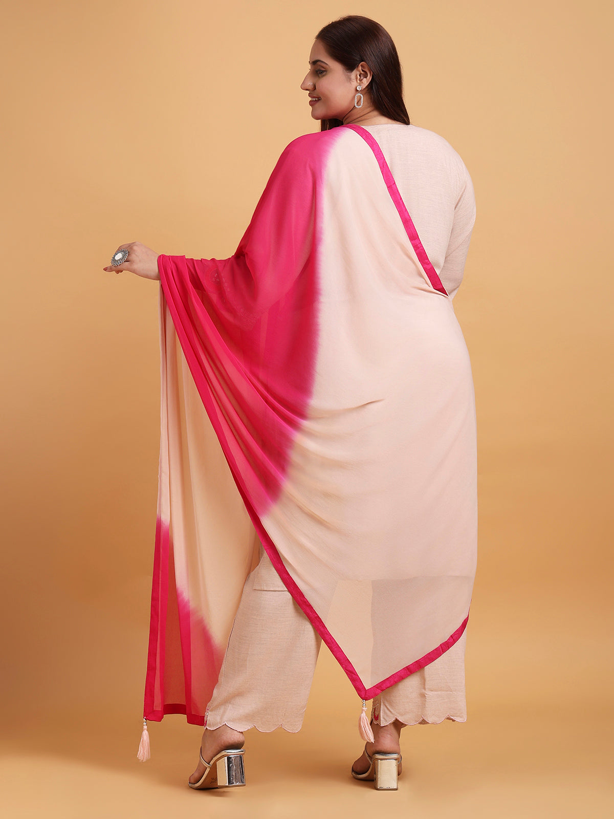 Light pink cutwork kurta set with two tone dupatta