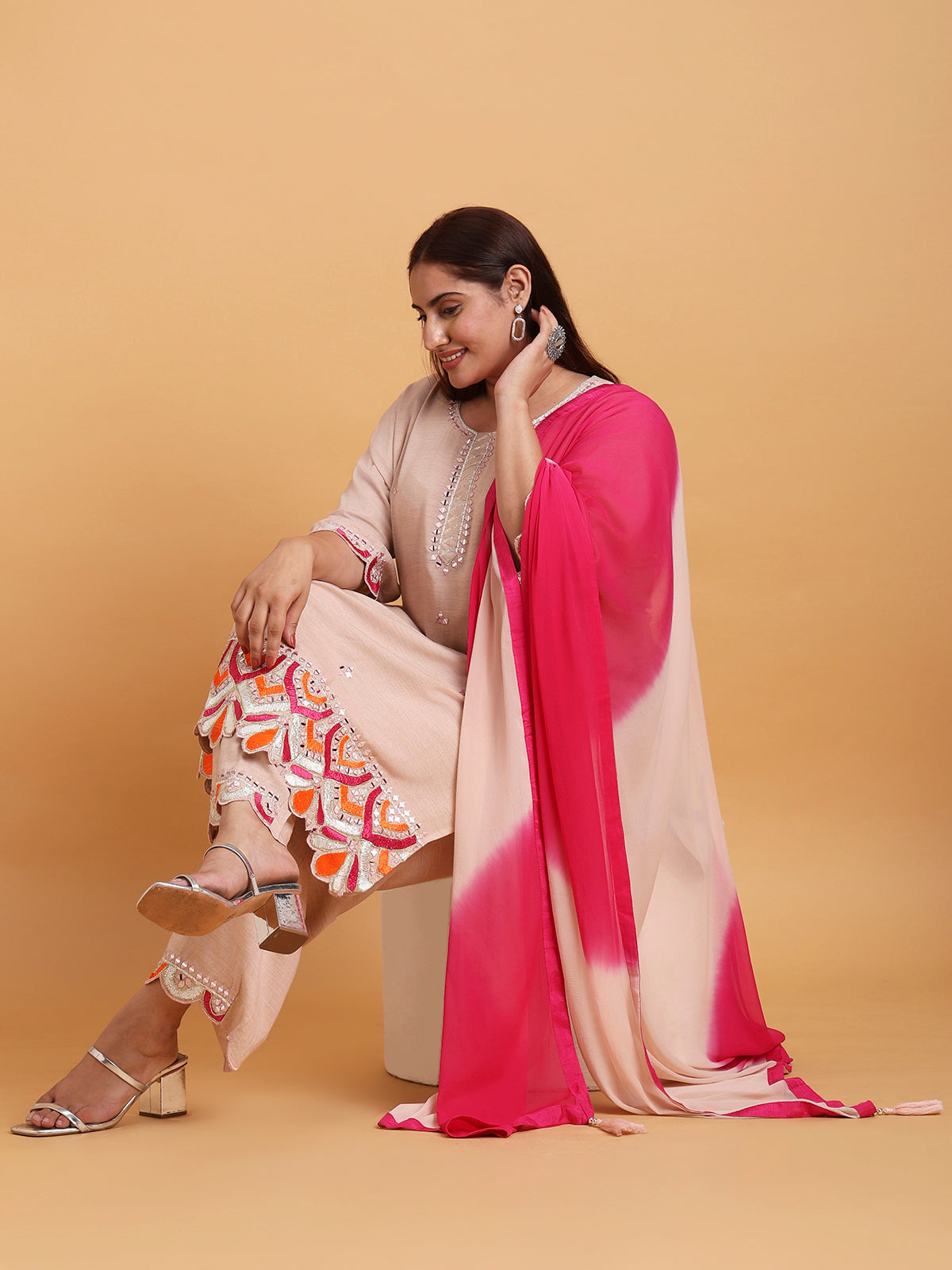 Light pink cutwork kurta set with two tone dupatta