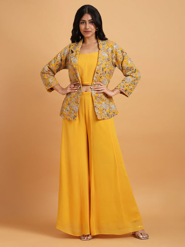 Yellow embroidered jacket and palazzo set