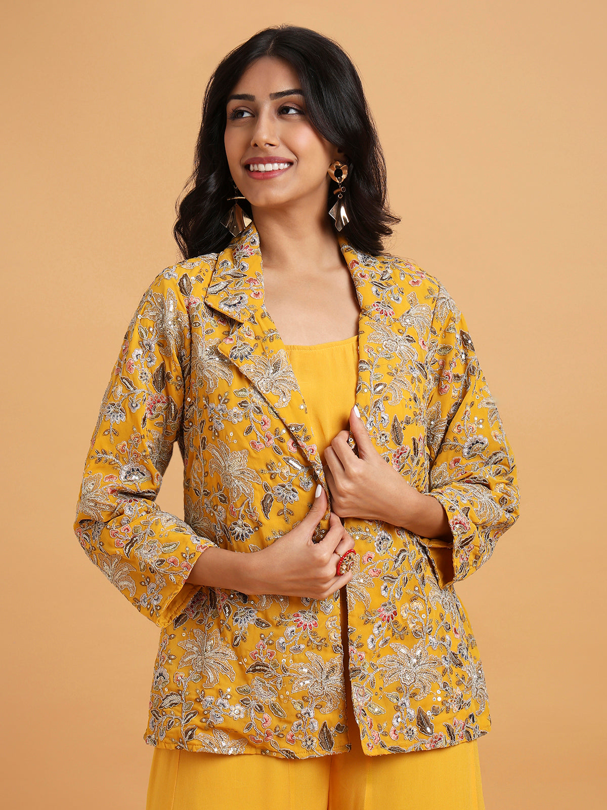 Yellow embroidered jacket and palazzo set