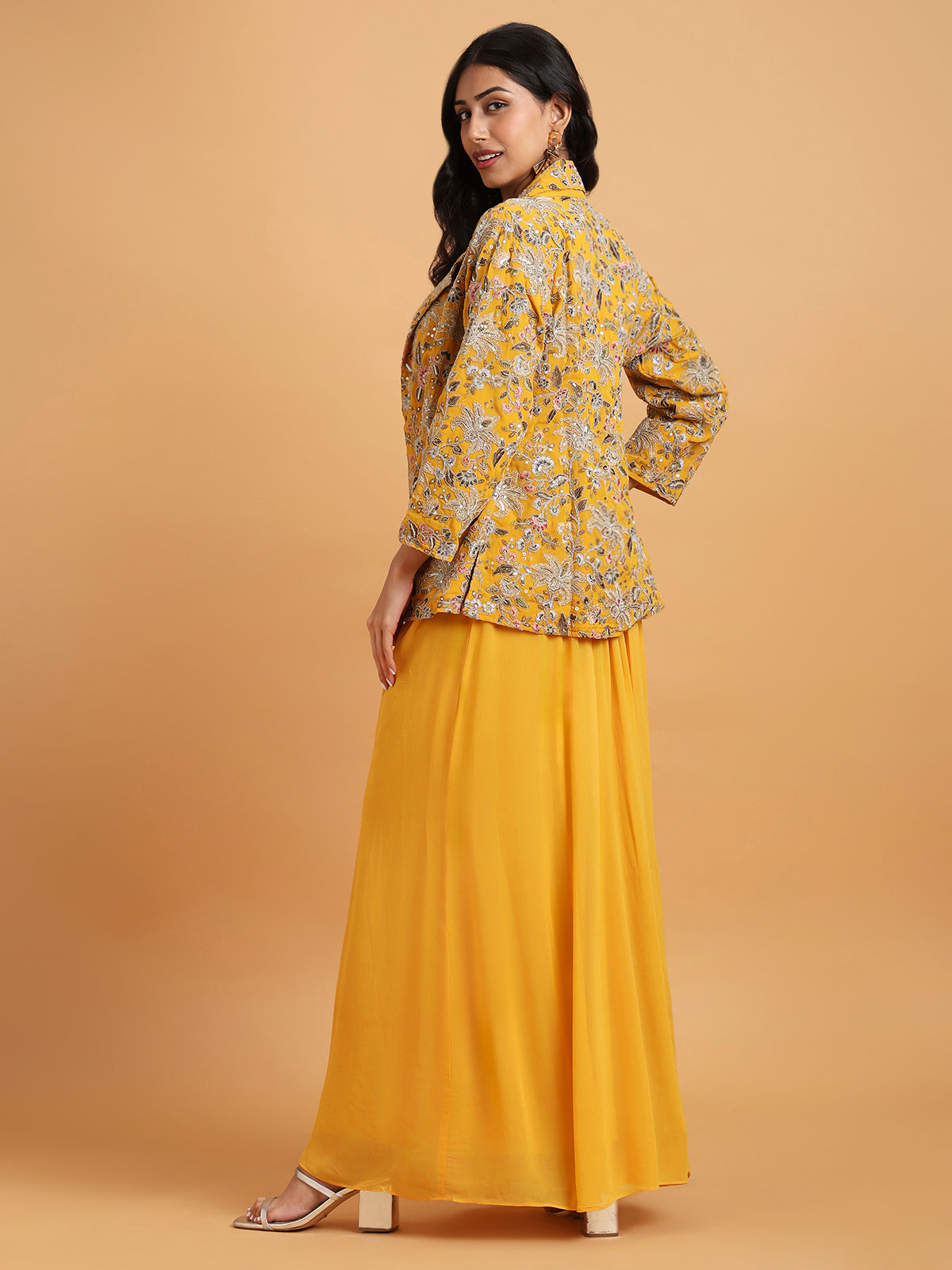 Yellow embroidered jacket and palazzo set