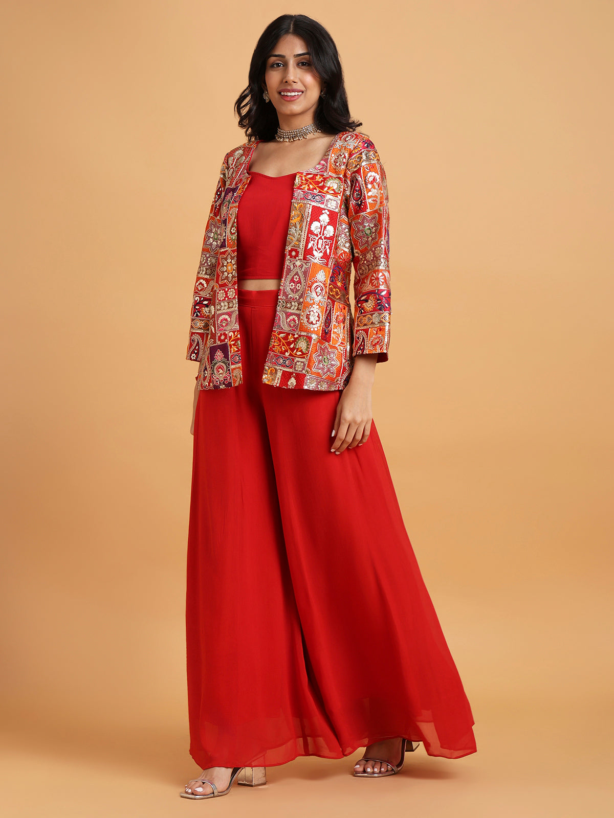 Red multicolor jacket and palazzo set