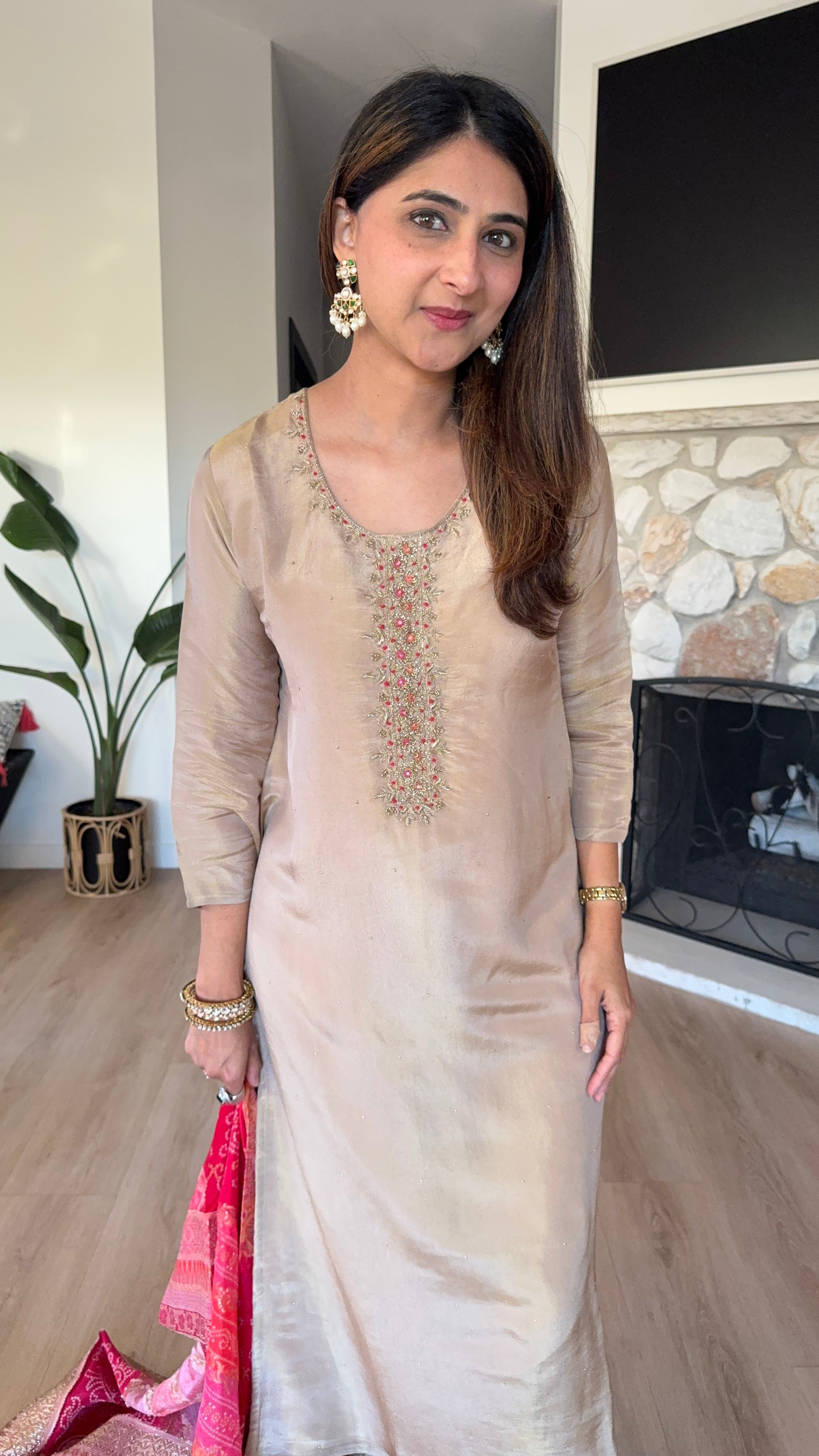 Dark beige shimmer tissue kurta set with dark pink brocade dupatta