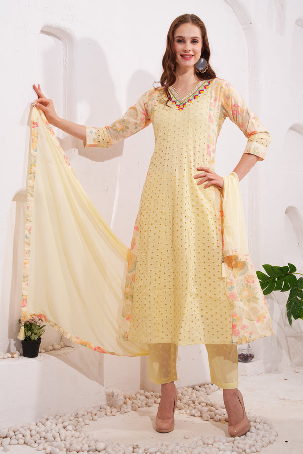 Butter yellow cotton eyelet anarkali kurta set with chiffon dupatta