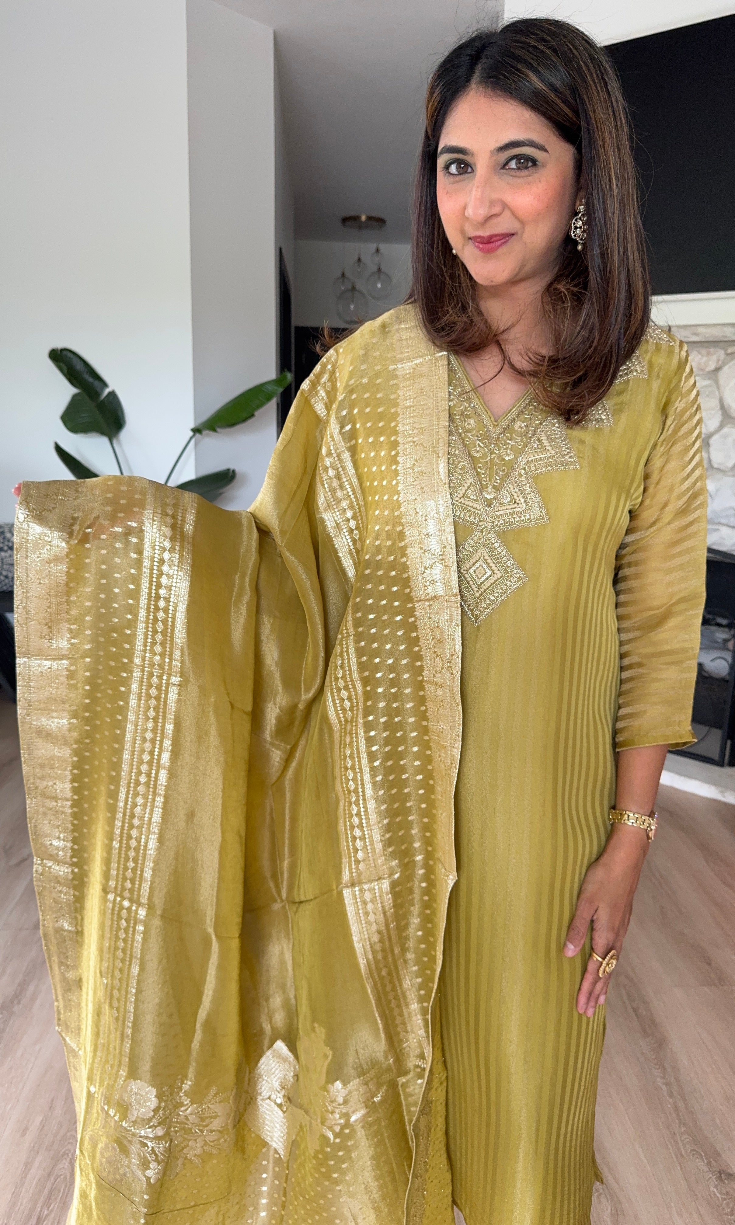 Mustard green silk jacquard kurta set with matching soft organza dupatta