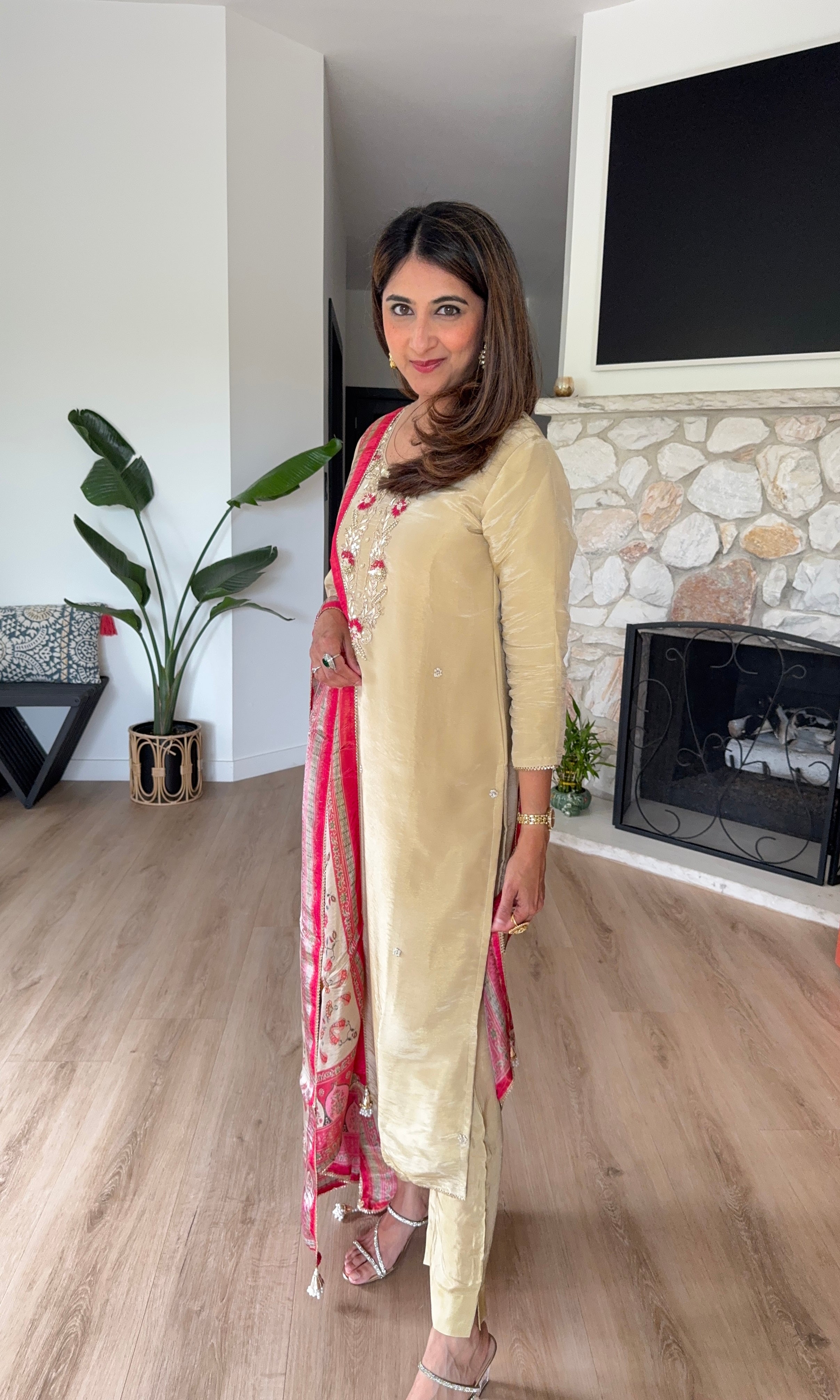 Beige shimmer silk kurta set with pink printed crepe dupatta