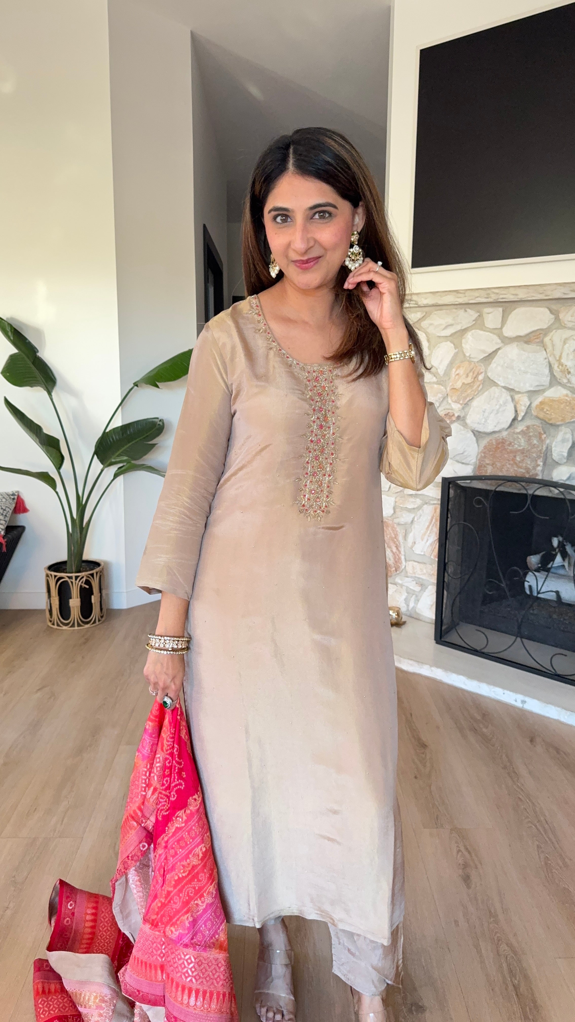 Dark beige shimmer tissue kurta set with dark pink brocade dupatta