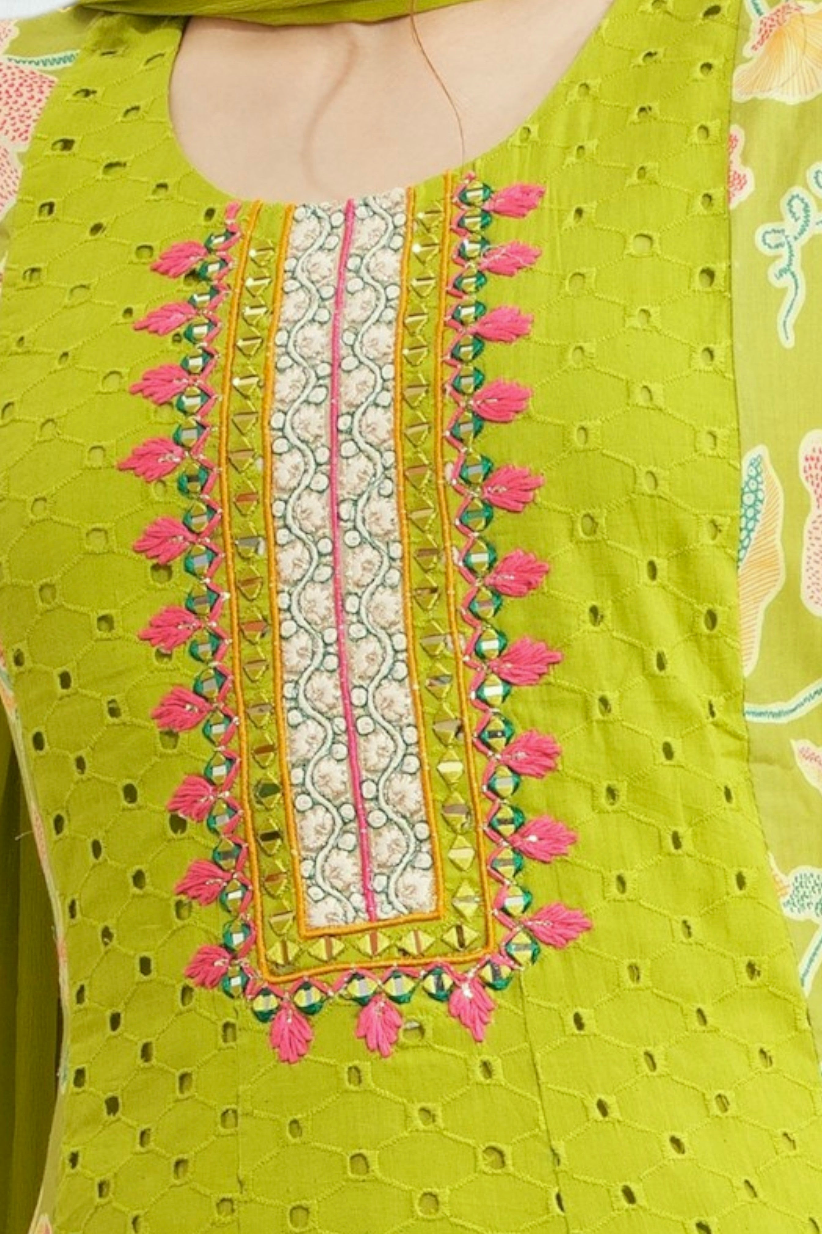 Lime green cotton eyelet anarkali kurta set with chiffon dupatta