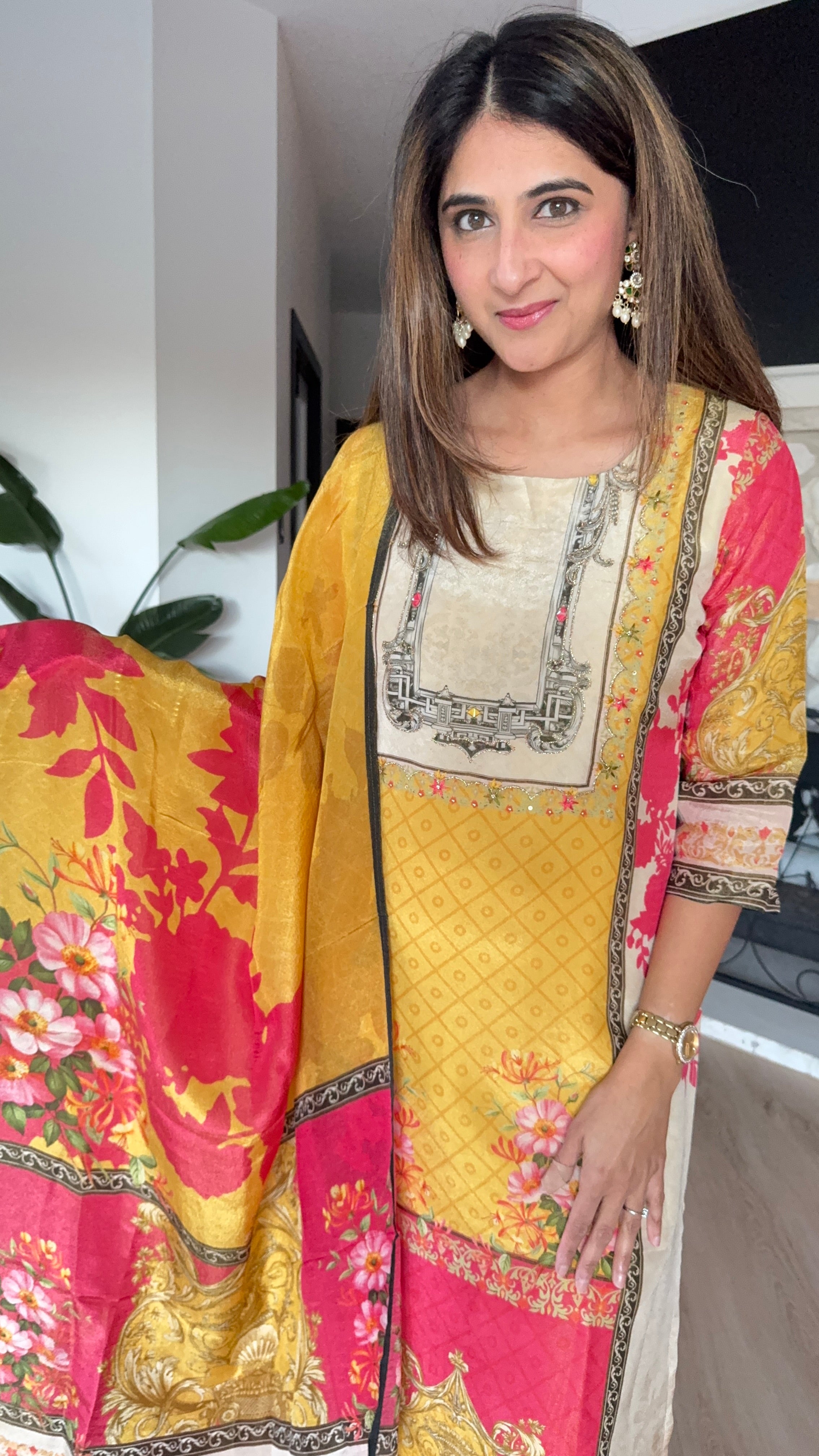 Mustard yellow and beige shimmer tissue printed kurta set