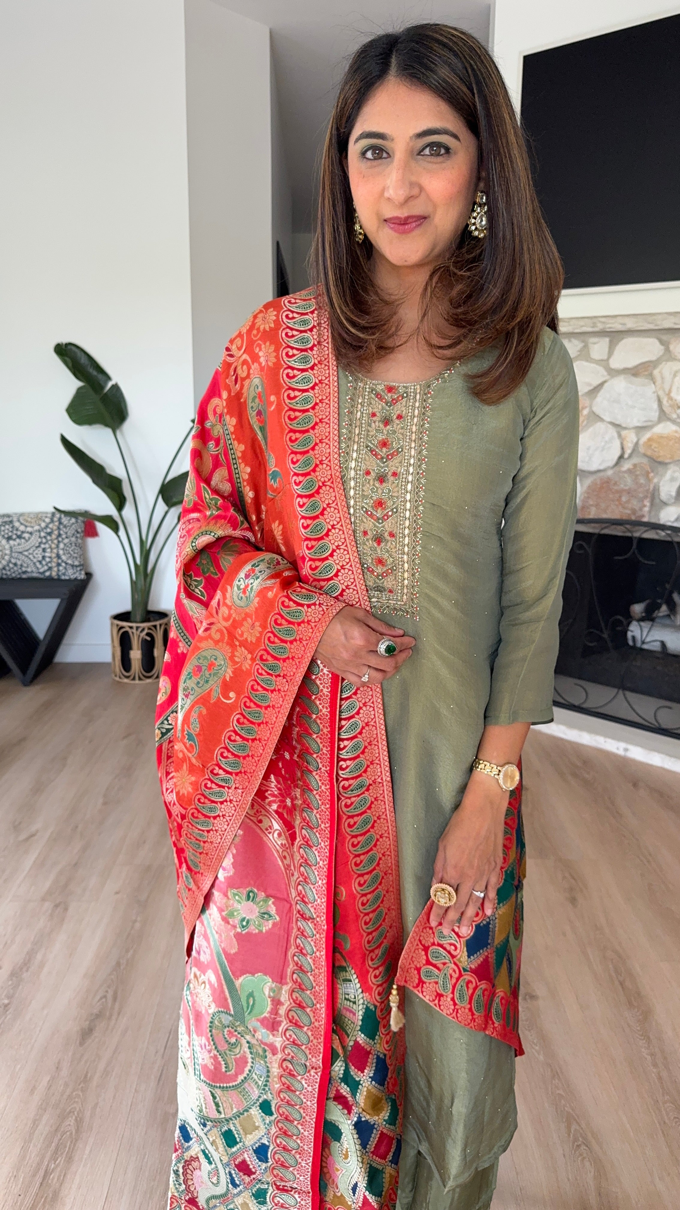 Olive green shimmer silk kurta set with red brocade dupatta