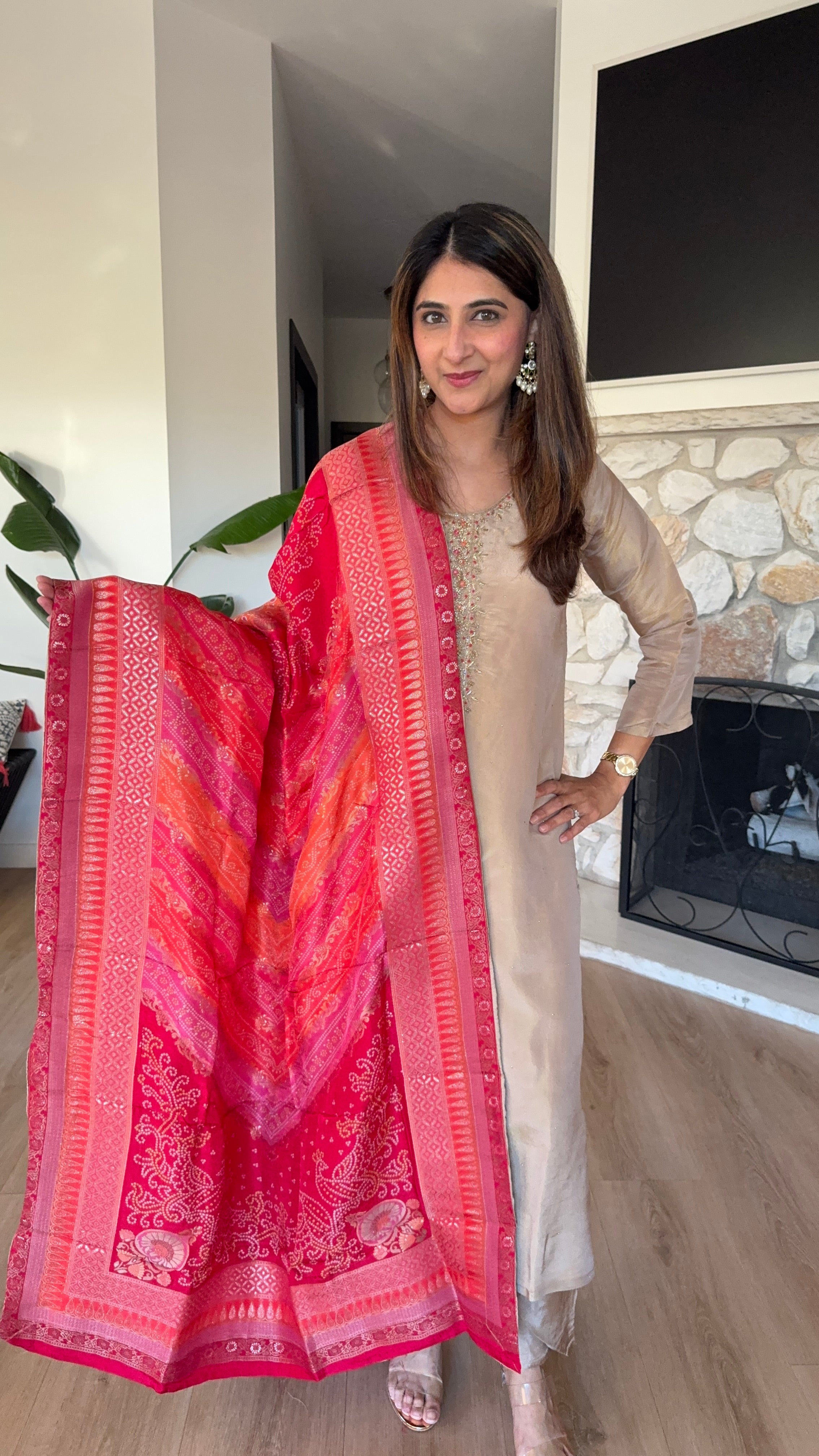 Dark beige shimmer tissue kurta set with dark pink brocade dupatta